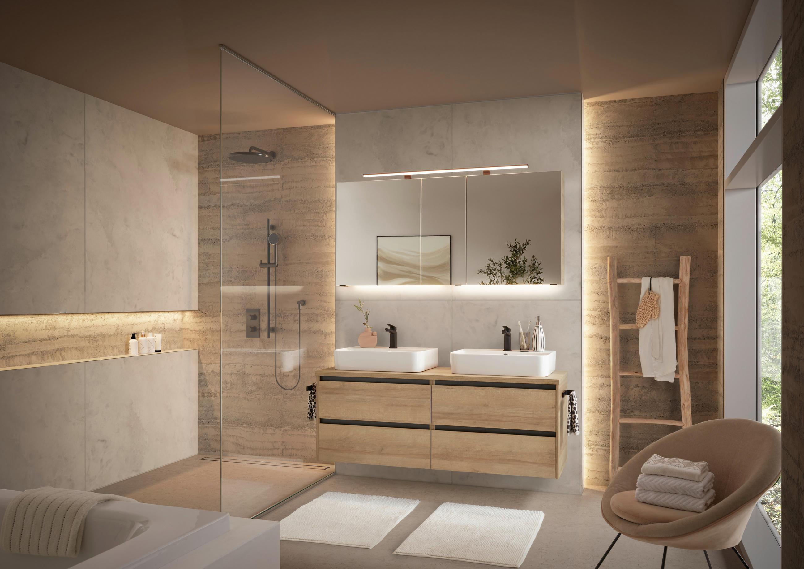 BADEZIMMER 4-teilig  in 152 cm  - Eichefarben/Weiß, Design, Glas/Keramik (152cm) - Musterring
