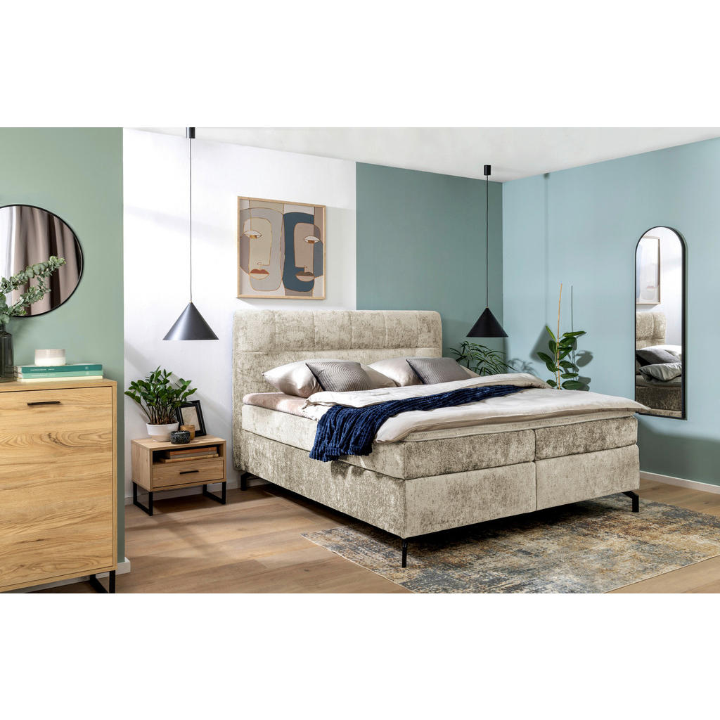 Thumbnail - Esposa Boxspringbett, Hellbraun, Textil, H2, Höhe ca. 17 cm, 160x200 cm, Stoffauswahl, Topper durchgehend, Matratze in v...