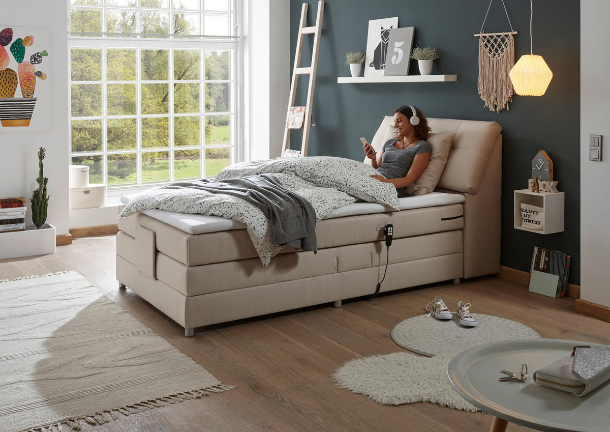 BOXSPRINGBETT 120/200 cm,  in Creme, Matratze, Bettkasten, Topper, motorische Verstellbarkeit, H2 = mittel  - Silberfarben/Creme, Design, Kunststoff/Textil (120/200cm) - Esposa