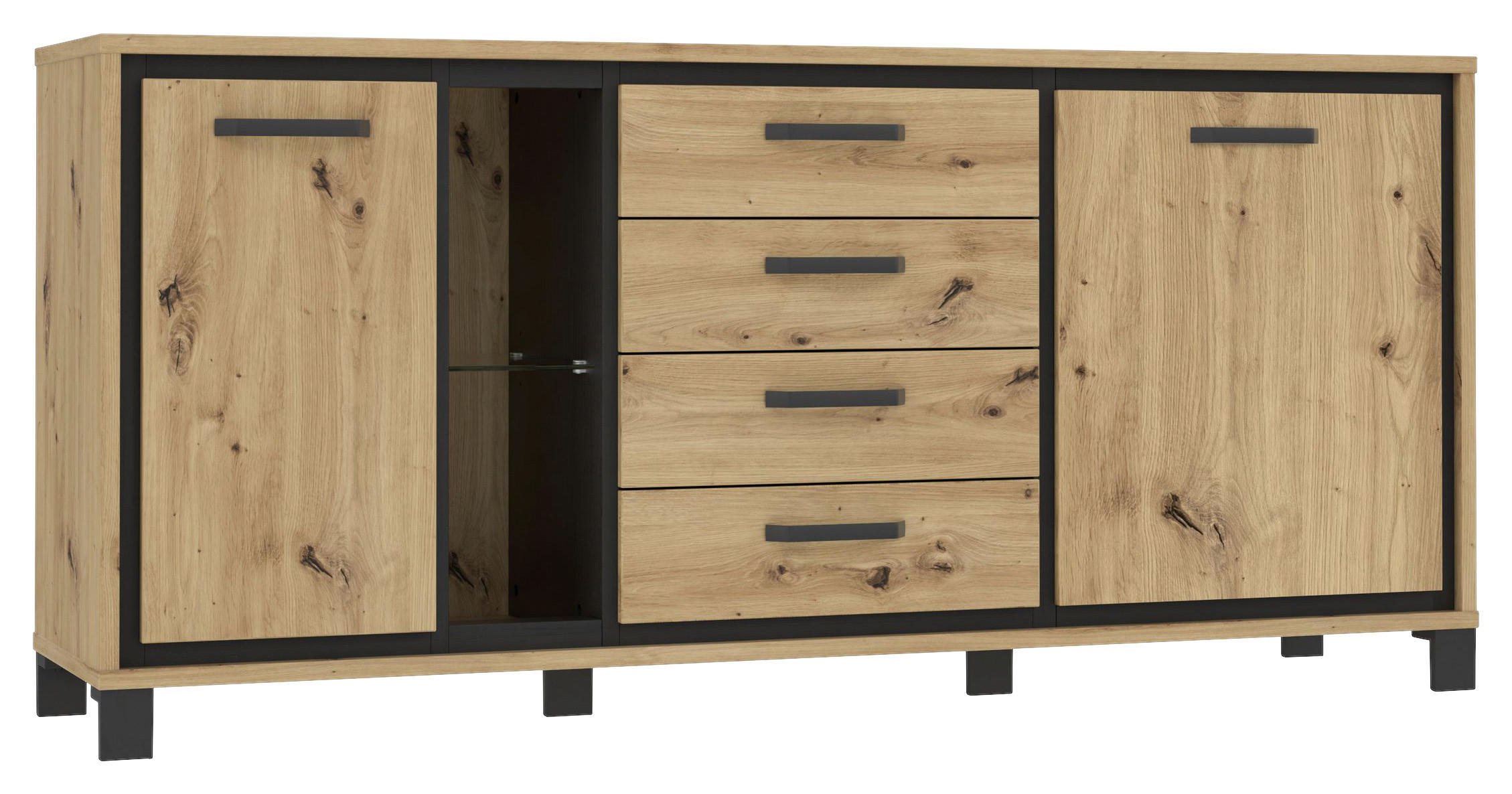 SIDEBOARD  in 177,4/81,3/41,5 cm  - Eichefarben/Schwarz, Basics, Glas/Holzwerkstoff (177,4/81,3/41,5cm) - Livetastic
