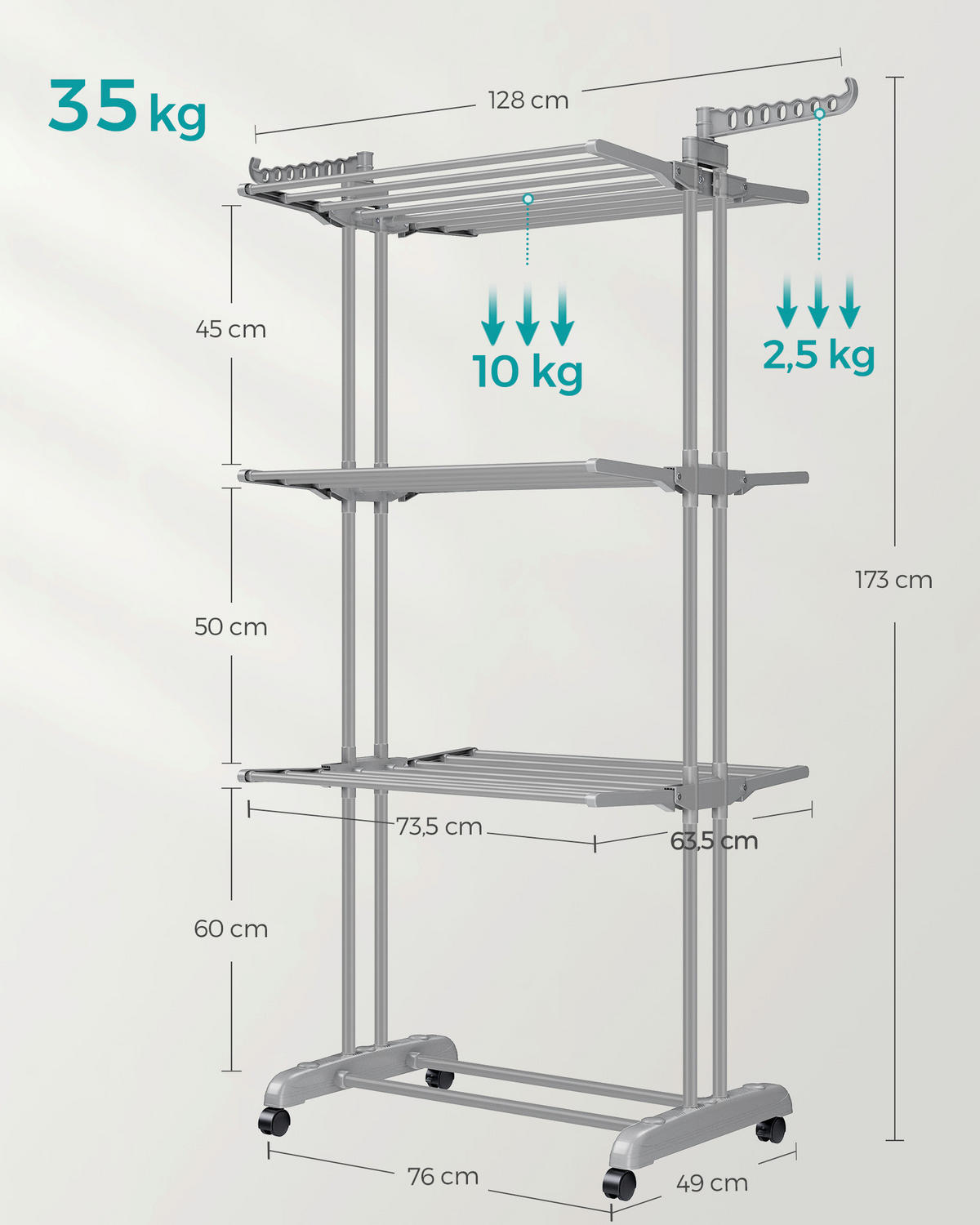 SUŠIAK NA BIELIZEŇ - sivá, Basics, kov/plast (76/173/49cm)