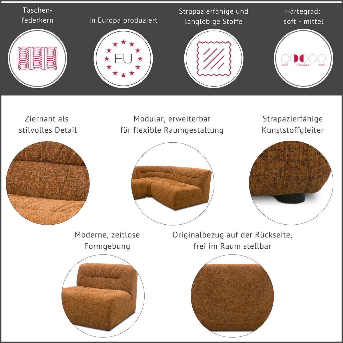 ECKSOFA 800 027 Kupferfarben Chenille Rücken echt  - Schwarz/Kupferfarben, MODERN, Kunststoff/Textil (214/214cm) - Livetastic