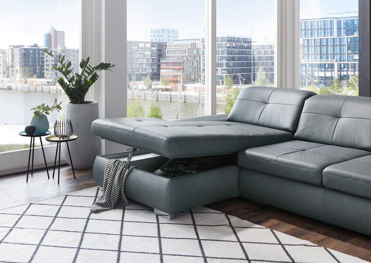 ECKSOFA in Echtleder Beige  - Beige/Alufarben, Design, Leder/Metall (195/309cm) - Beldomo Premium