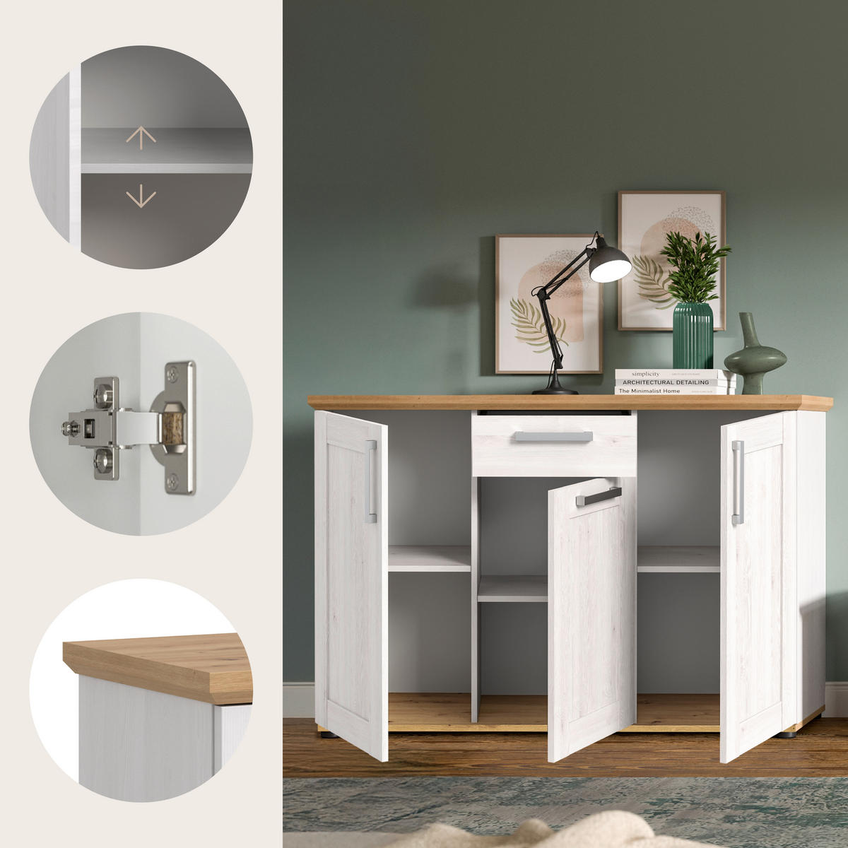 SIDEBOARD  129/80/40 cm 3 Schublade(n)  - Silberfarben/Lärchefarben, Design, Holzwerkstoff/Kunststoff (129/80/40cm) - Livetastic