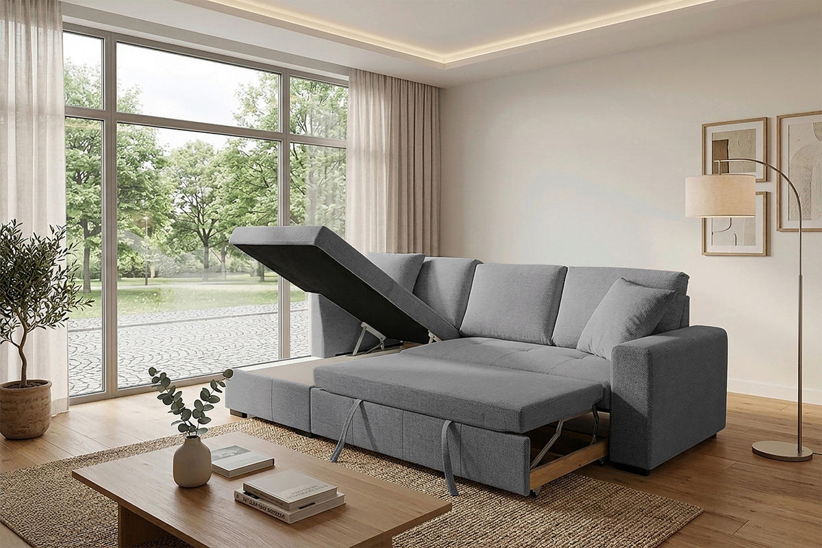 ECKSOFA LUKAS Grau Struktur Zierkissen, Bettkasten  - Grau, Trend, Textil (158/239cm) - P & B