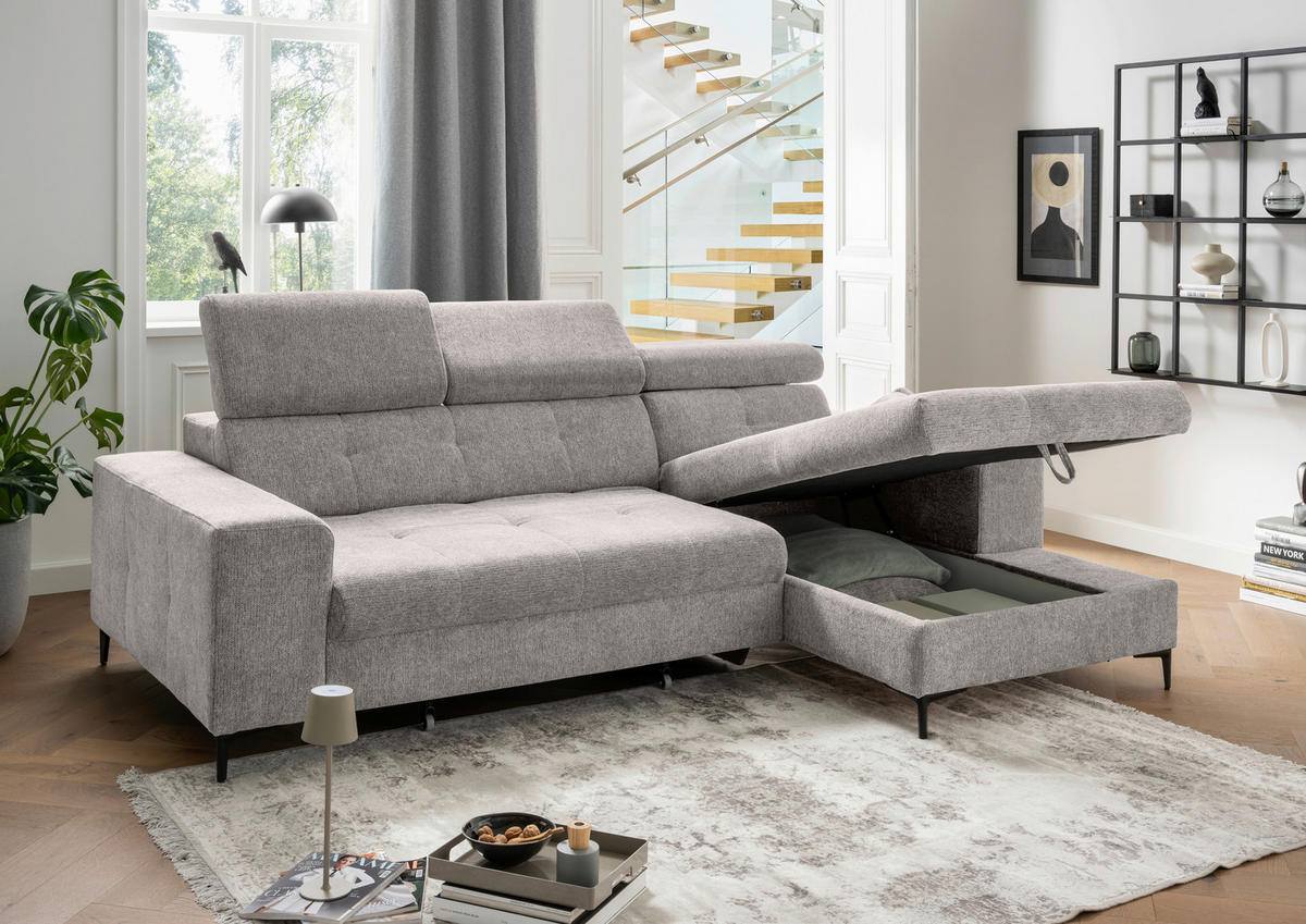 ECKSOFA Chenille Grau  - Schwarz/Grau, Basics, Textil/Metall (270/186cm) - Livetastic