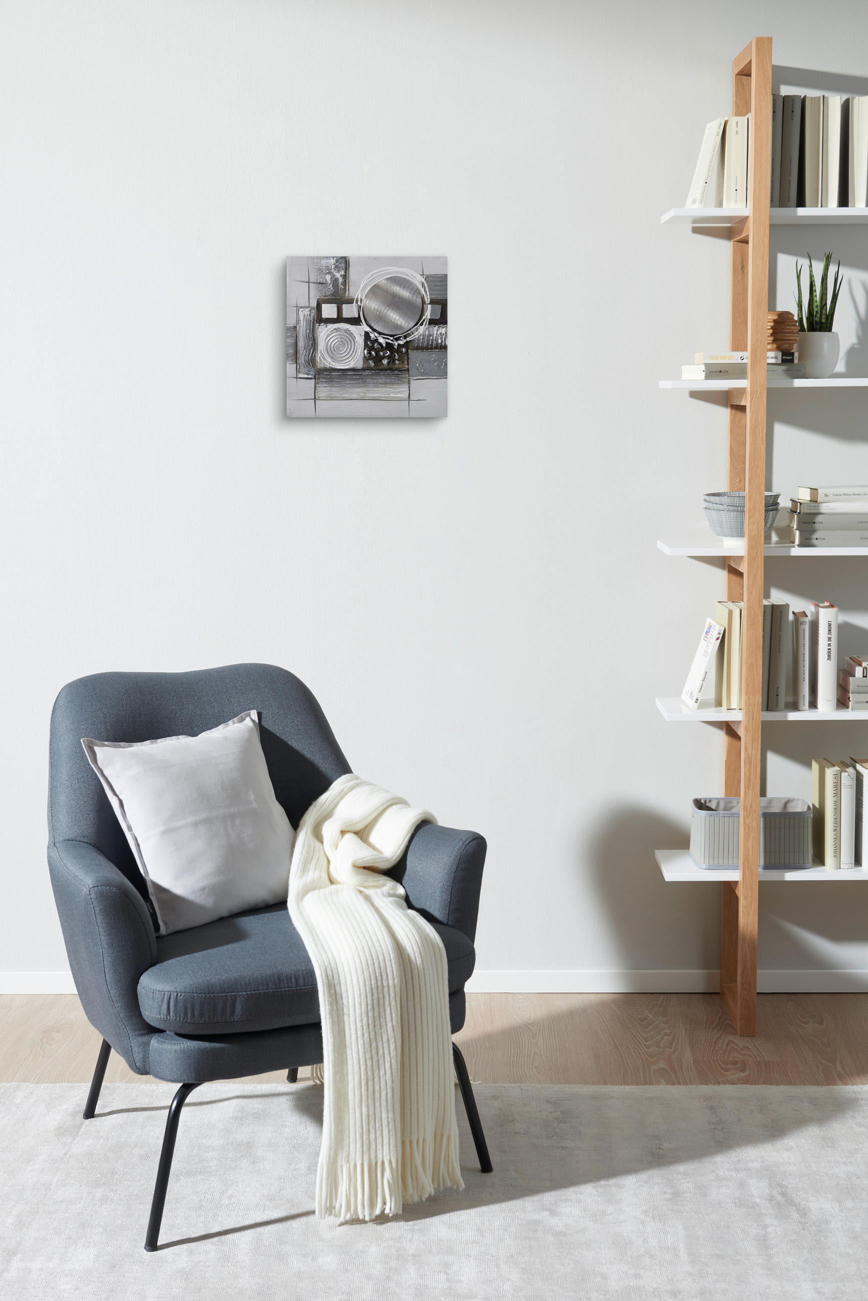 OLEJOMALBA, abstraktní, 30/30 cm  - šedá/bílá, Design, kov/dřevo (30/30cm) - Monee