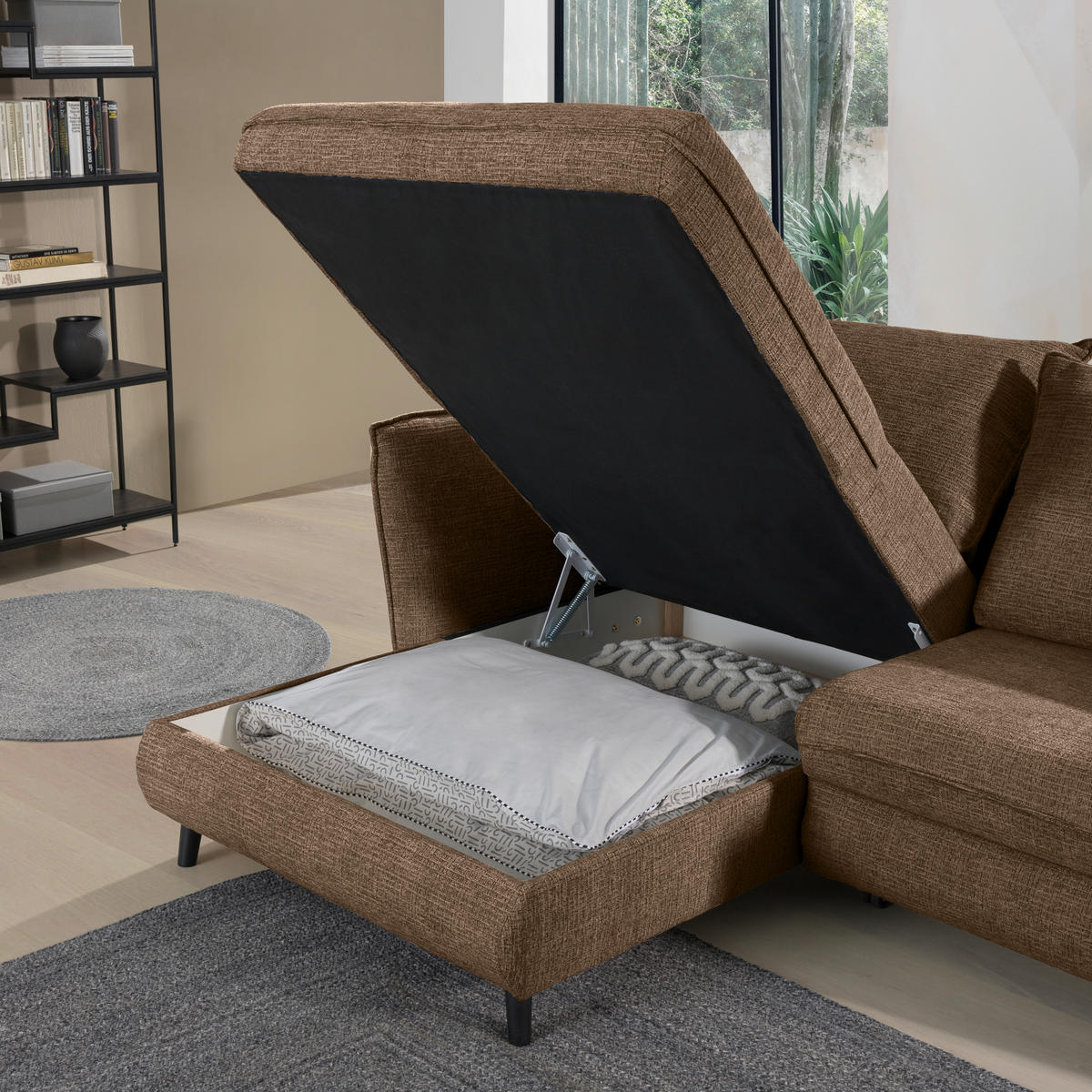 ECKSOFA inkl. Funktionen Braun Struktur  - Schwarz/Braun, Design, Holz/Textil (245/161cm) - Stylife