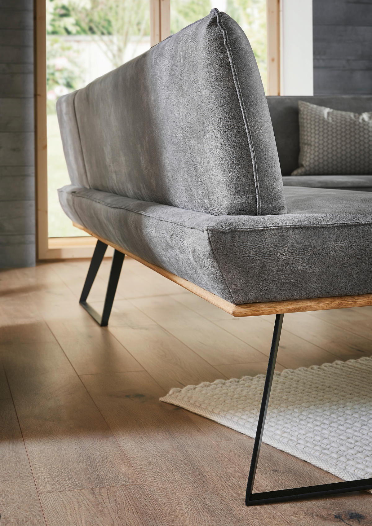 ECKBANK 163/203 cm Lederlook Schwarz, Eichefarben, Graubraun Eiche massiv Metall   - Eichefarben/Graubraun, Design, Holz/Textil (163/203cm) - Voleo