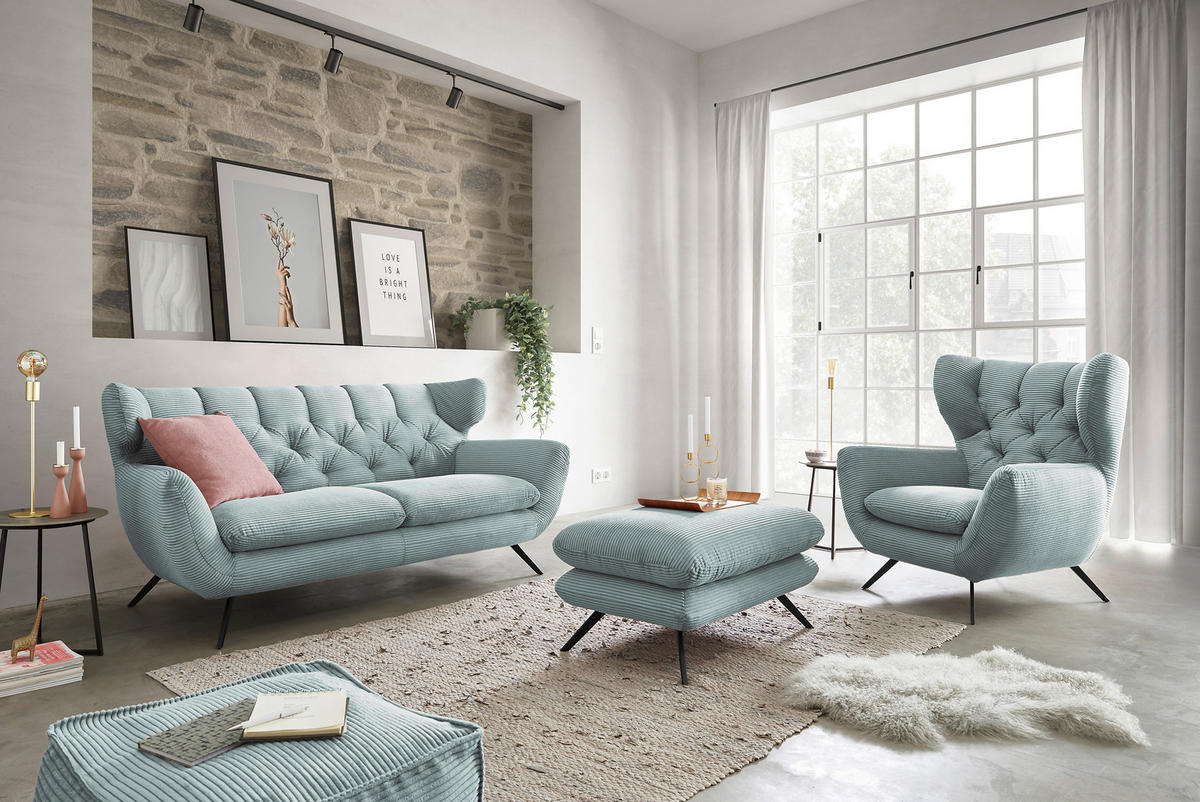 CHESTERFIELD-SOFA Cord Hellblau  - Schwarz/Hellblau, MODERN, Textil/Metall (160/94/95cm) - Pure Home Lifestyle