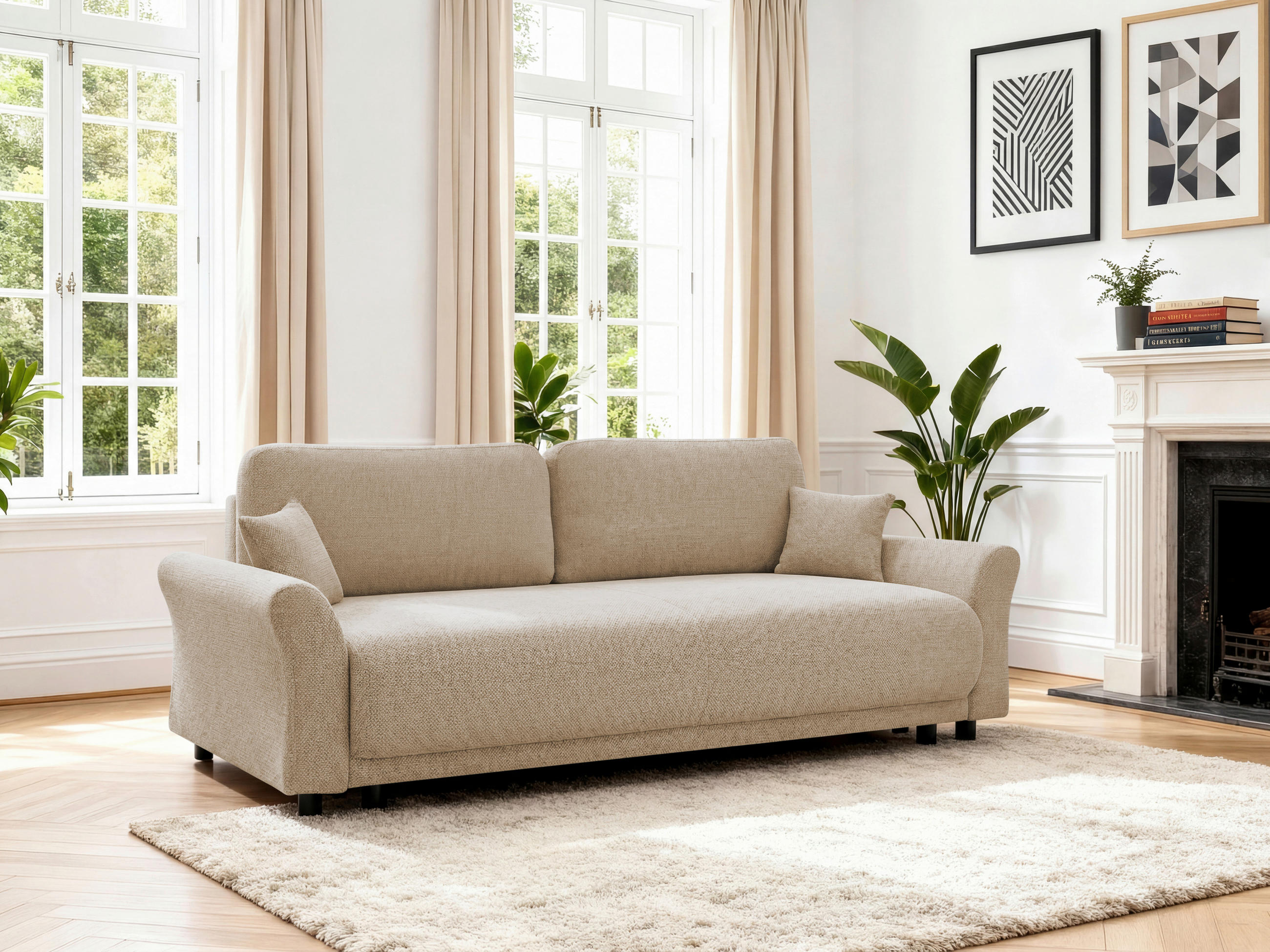 SCHLAFSOFA Flachgewebe, Struktur Beige  inkl. Zierkissen, Rückenkissen, Bettkasten, Schlaffunktion, Rücken echt  - Beige/Schwarz, Design, Textil (244/88/100cm) - P & B