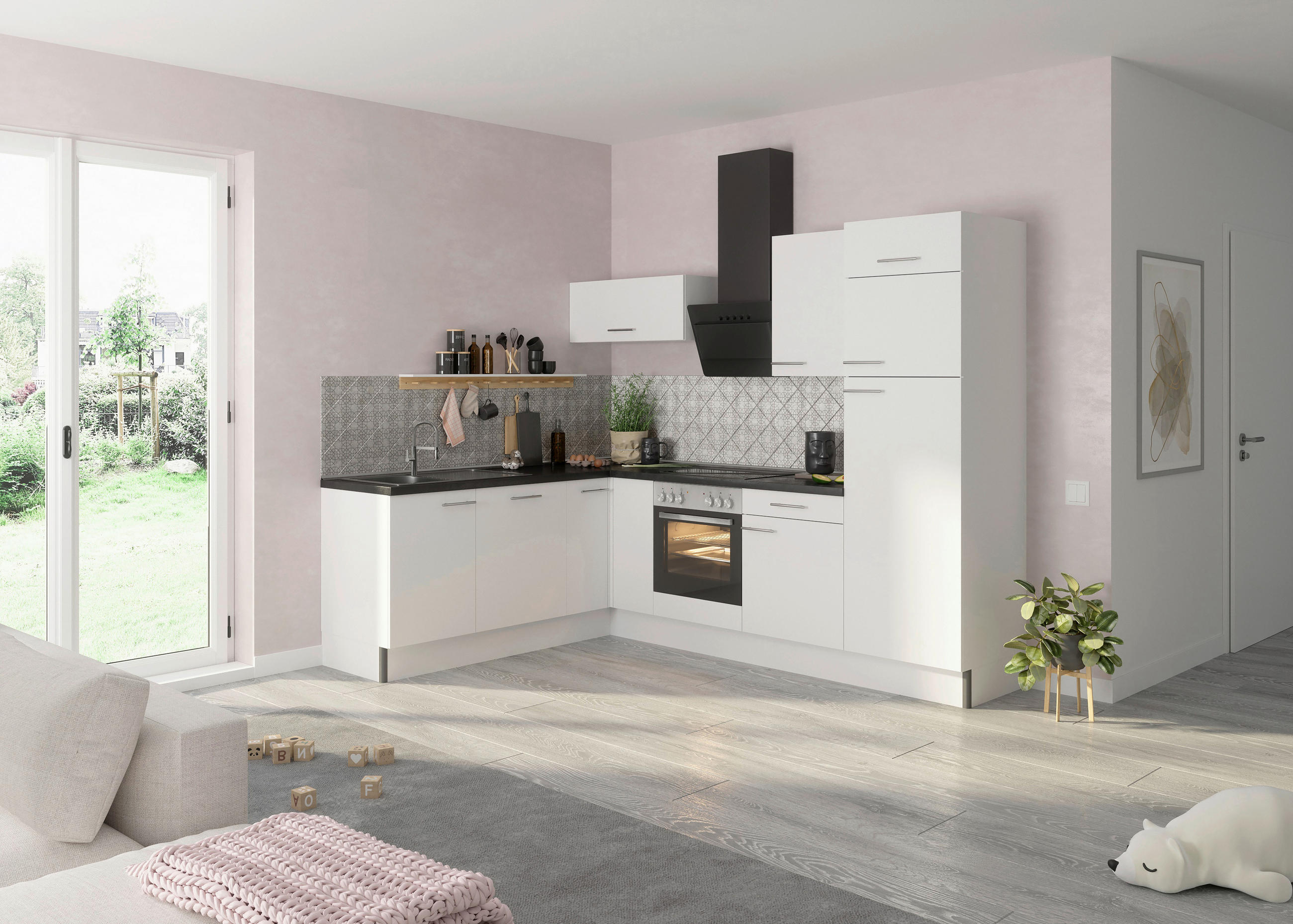 ECKKÜCHE 200/270 cm  in Weiß  - Edelstahlfarben/Anthrazit, Basics, Holzwerkstoff/Metall (200/270cm) - Optifit
