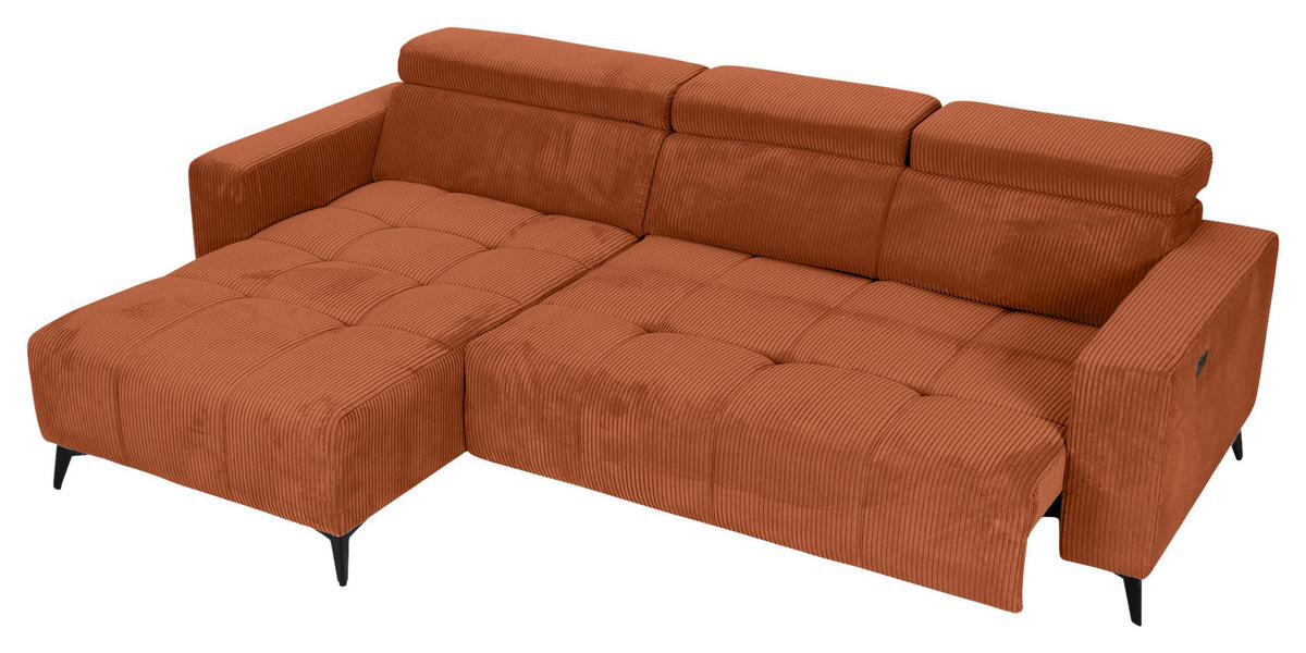 ECKSOFA Rostfarben Cord Rücken echt, Kopfteilverstellung, Sitzvorzug  - Rostfarben/Schwarz, KONVENTIONELL, Textil/Metall (170/257cm) - Carryhome