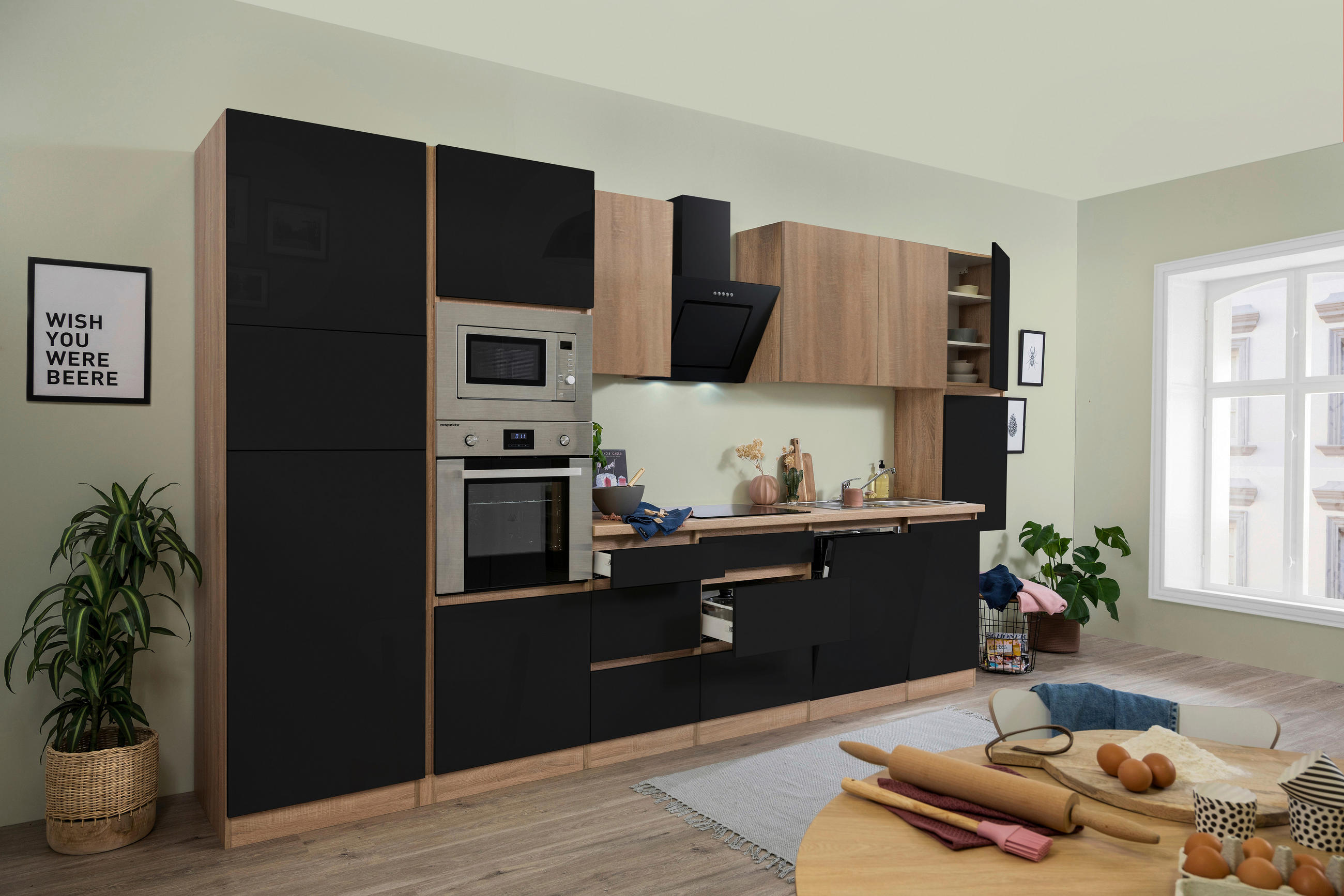 Küchenzeile Premium Mit Geräten 395 Cm Schwarz/eiche Dekor