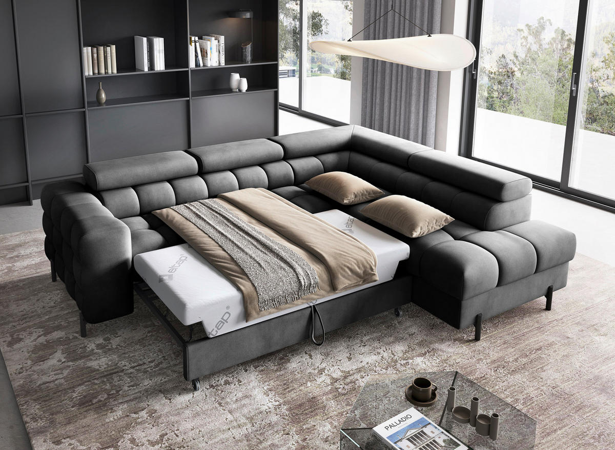 ECKSOFA FERUCCE in Flachgewebe Dunkelgrau  276/200 cm  - Dunkelgrau/Schwarz, Design, Textil/Metall (276/200cm) - MID.YOU