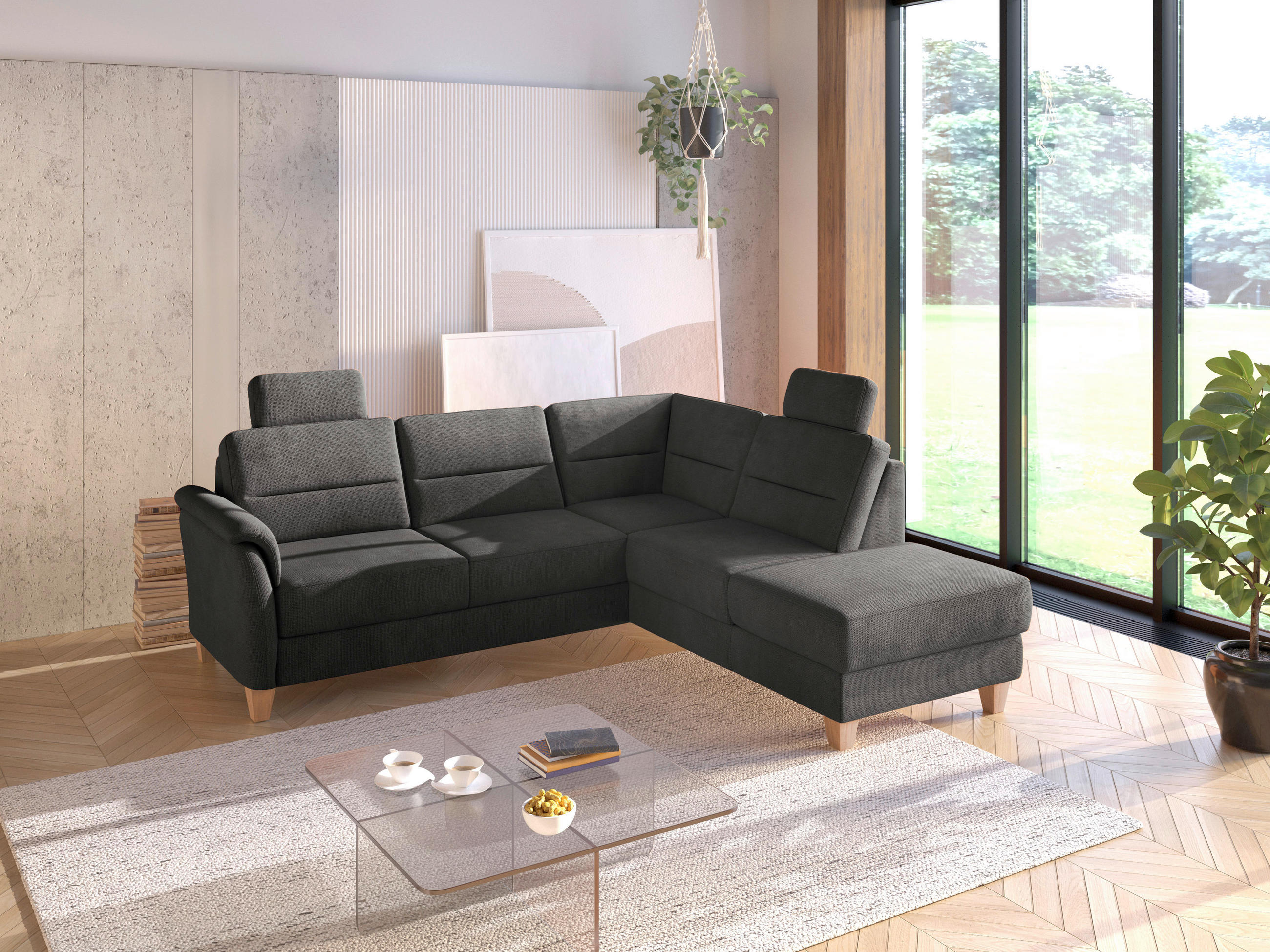 ECKSOFA PALMERA V Schwarz Flachgewebe Kopfstütze, Liegefläche im Originalstoff  - Eichefarben/Schwarz, KONVENTIONELL, Holz/Textil (236/212cm) - Sit & More