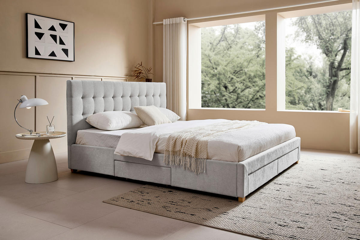 POLSTERBETT 140/200 cm, inkl. gepolstertes Kopfteil, Lattenrost, Bettschubladen,  in Hellgrau  - Hellgrau/Naturfarben, Design, Holz/Textil (140/200cm) - Boxxx