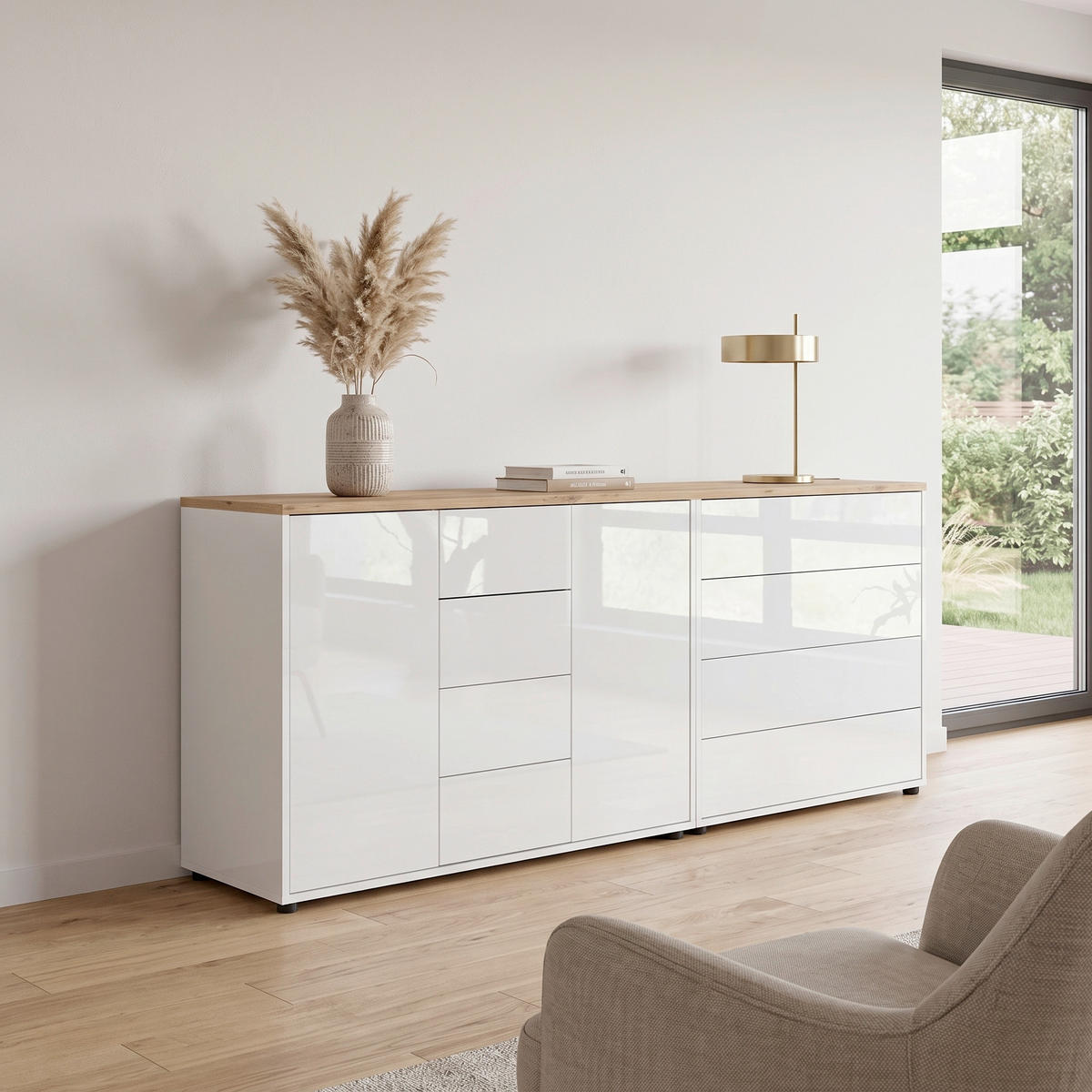 SIDEBOARD Mailand Set 14 184,5/73/33 cm 8 Schublade(n)  - Weiß Hochglanz/Schwarz, MODERN, Holzwerkstoff (184,5/73/33cm) - MID.YOU