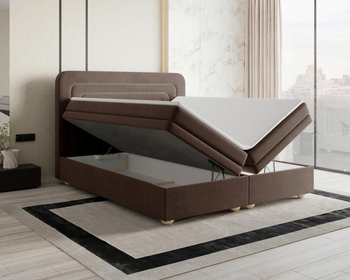 BOXBETT 180/200 cm,  in Braun, gepolstertes Kopfteil, Bettkasten, Topper, H2 + H3 = mittel + fest  - Braun, MODERN, Holz/Kunststoff (180/200cm) - Livetastic