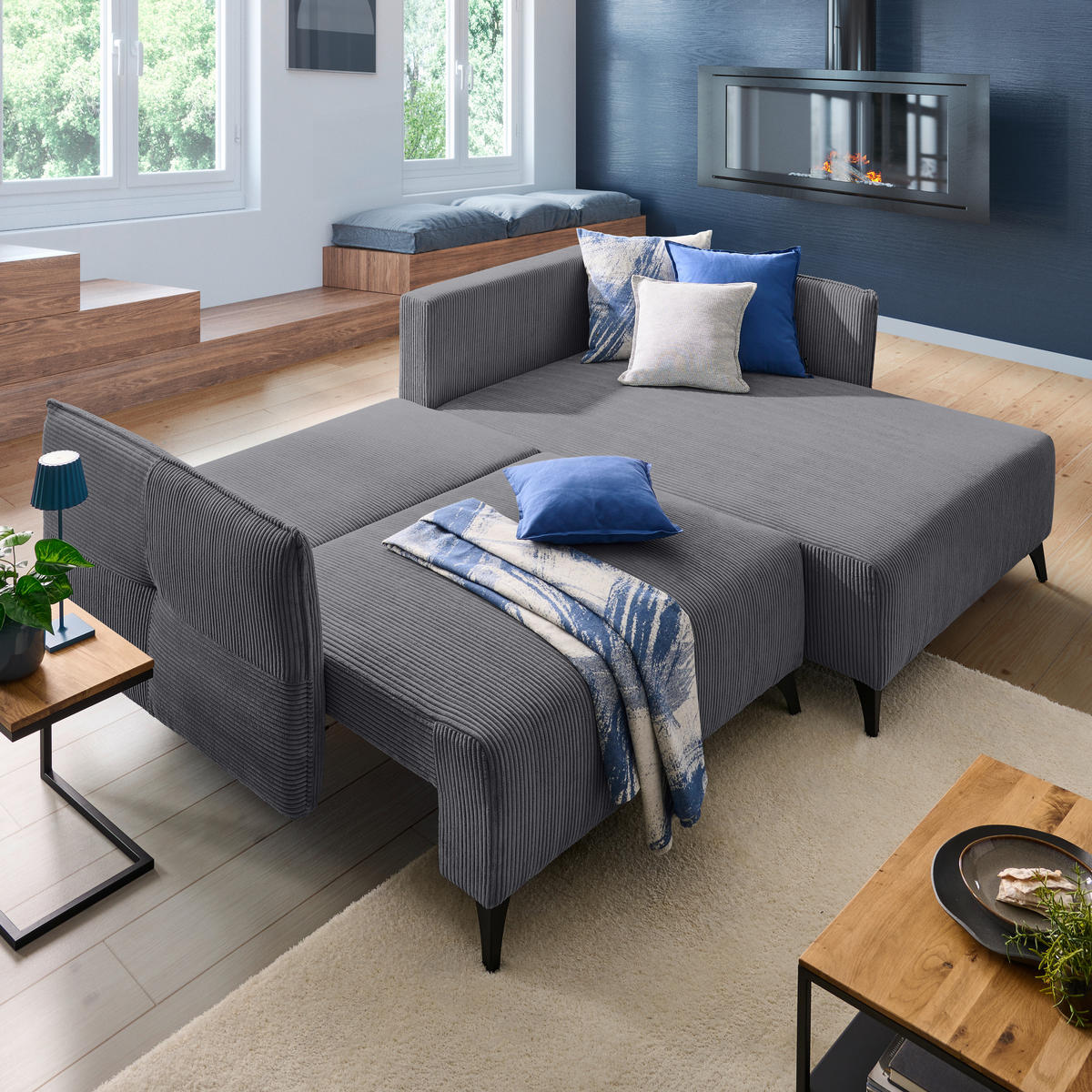 ECKSOFA Graphitfarben Cord  - Schwarz/Graphitfarben, Design, Textil/Metall (254/175cm) - Stylife