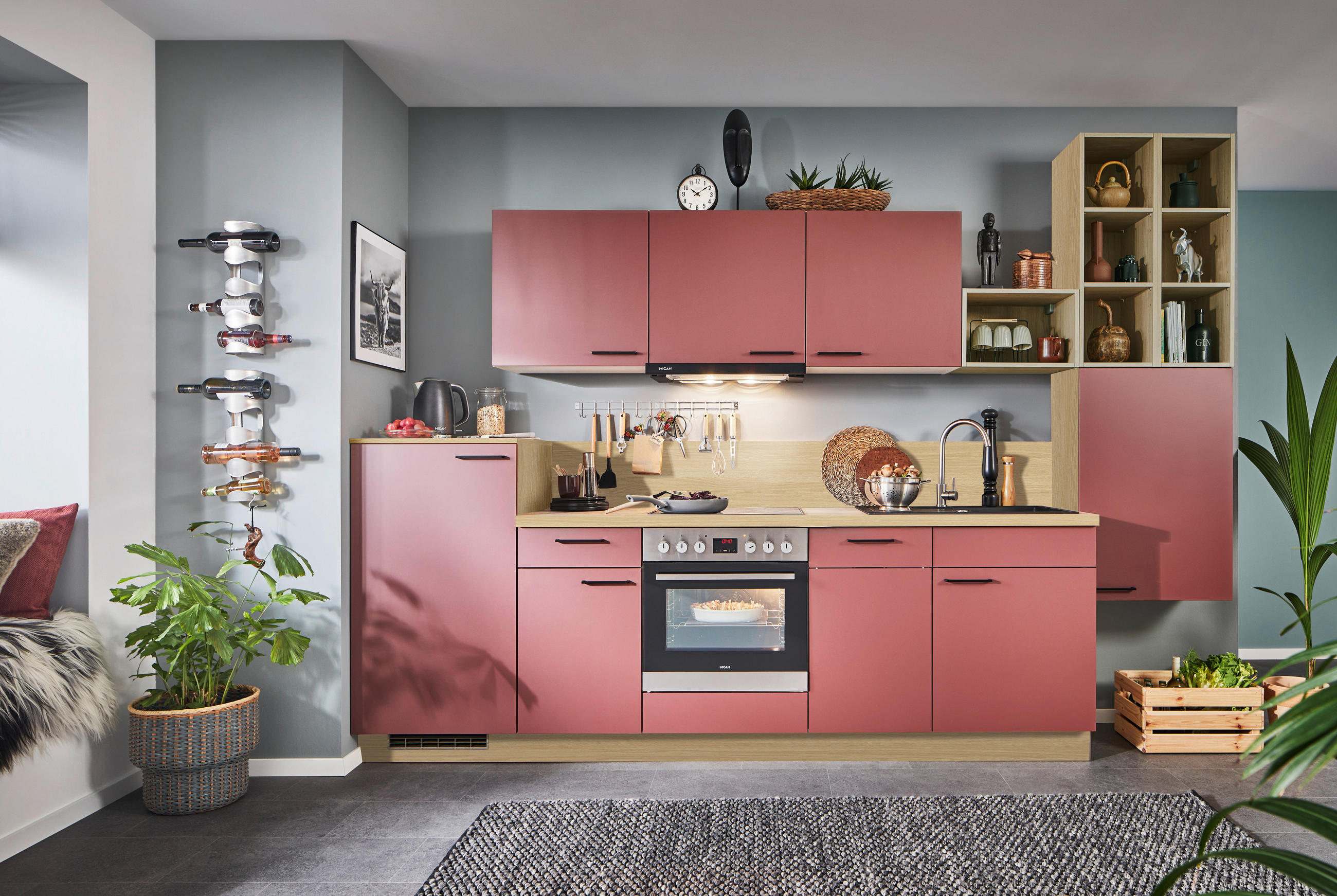 KÜCHENLEERBLOCK 330 cm   in Rot, Eichefarben  - Eichefarben/Rot, KONVENTIONELL, Holzwerkstoff/Metall (330cm) - Welnova