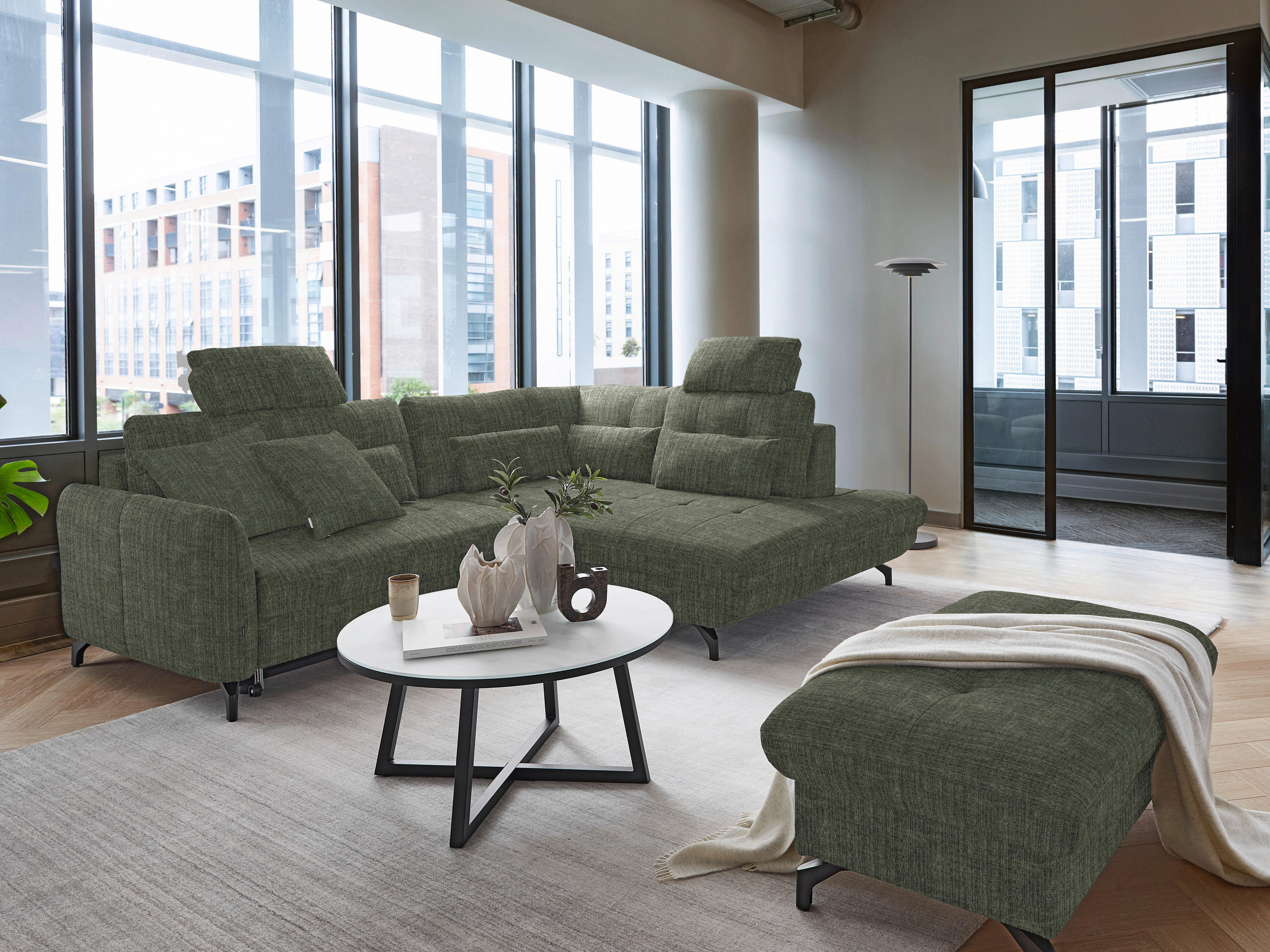 ECKSOFA in Flachgewebe, Leinenoptik Grün 247/208 cm - Schwarz/Grün, MODERN, Textil/Metall (247/208cm) - Xora