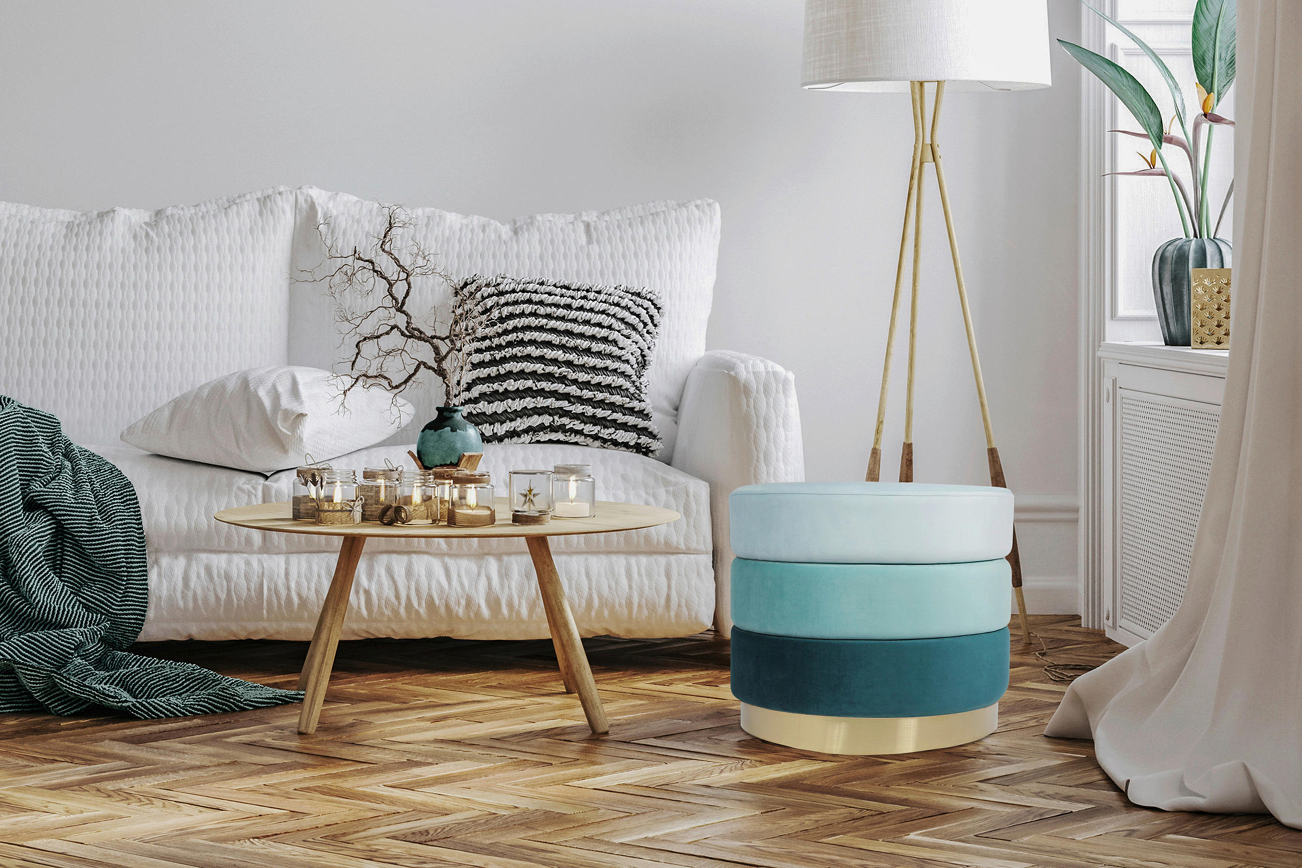 HOCKER Samt Blau, Goldfarben  - Blau/Goldfarben, Design, Textil/Metall (50/42cm) - Kayoom
