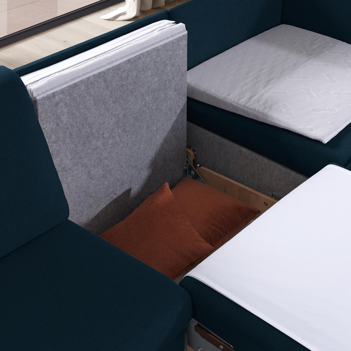 ECKSOFA in Flachgewebe Dunkelblau  261/203 cm  - Eichefarben/Dunkelblau, KONVENTIONELL, Holz/Textil (261/203cm) - Sedda