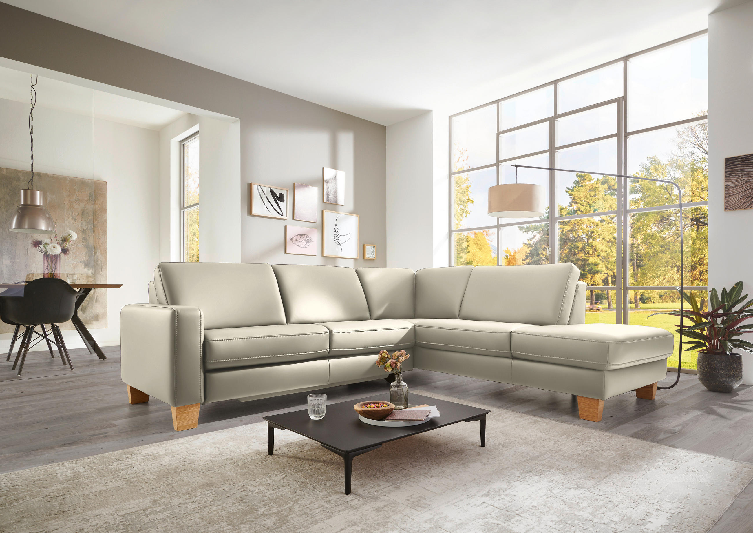 ECKSOFA in Echtleder Ecru  - Ecru/Eiche Bianco, Konventionell, Leder/Holz (257/235cm) - Valdera
