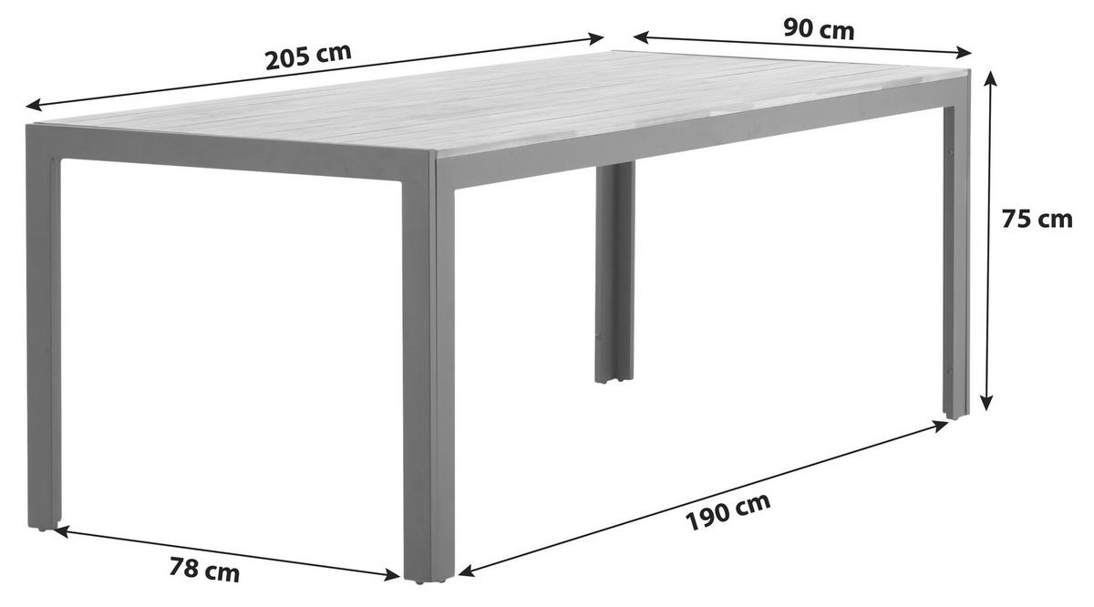 GARTENTISCH 205/90/75 cm Metall, Holz rechteckig  - Schwarz/Akaziefarben, KONVENTIONELL, Holz/Metall (205/90/75cm) - Gardenson
