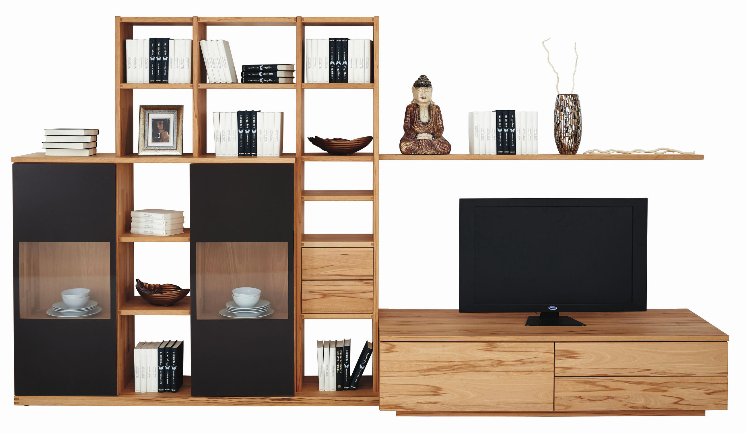 WOHNWAND  in Buchefarben, Dunkelbraun  335/187,3/58 cm  - Dunkelbraun/Buchefarben, Design, Glas/Holz (335/187,3/58cm) - Team 7
