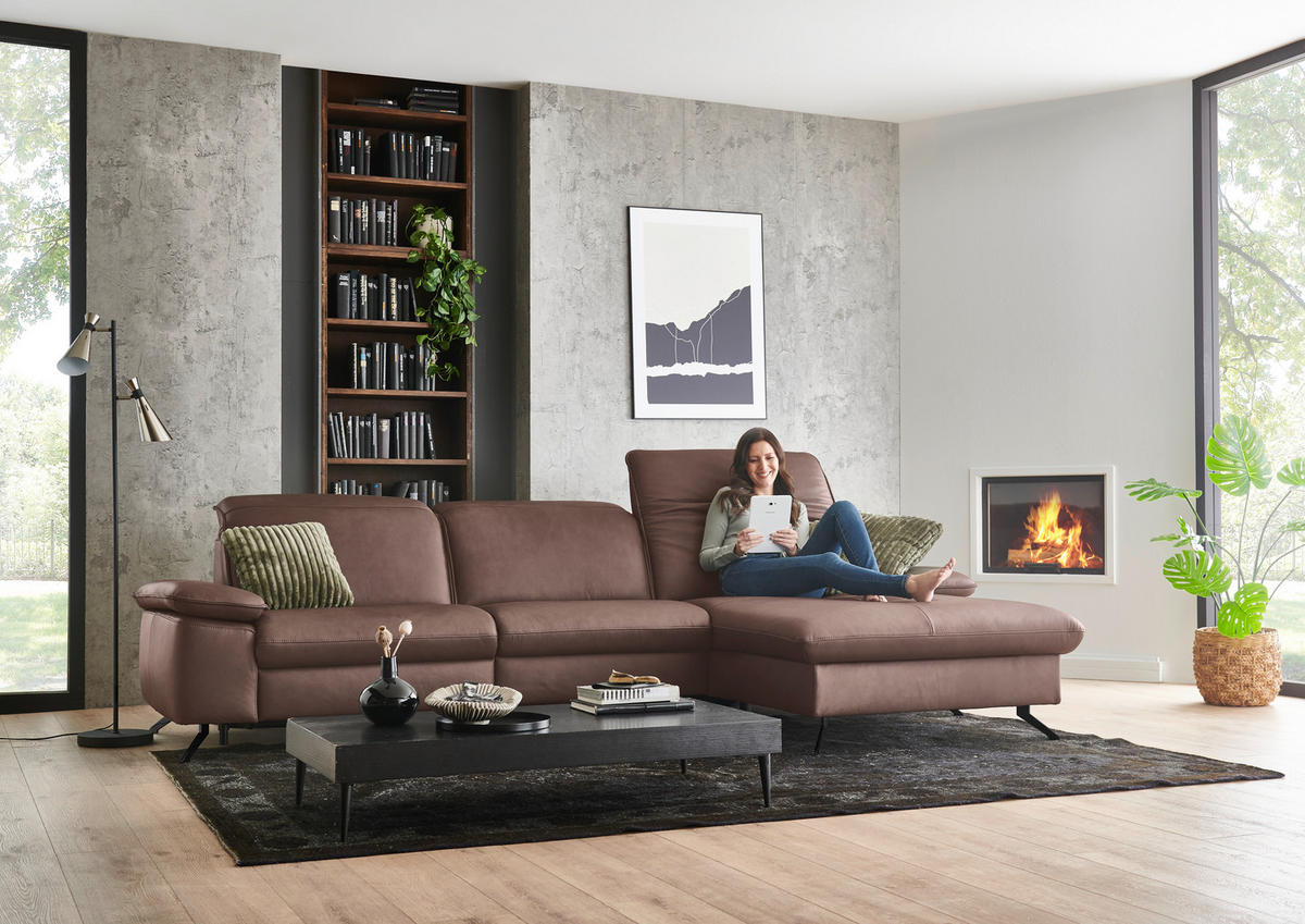 ECKSOFA Echtleder Rotbraun  - Rotbraun/Schwarz, Design, Leder/Metall (307/169cm) - Beldomo Premium