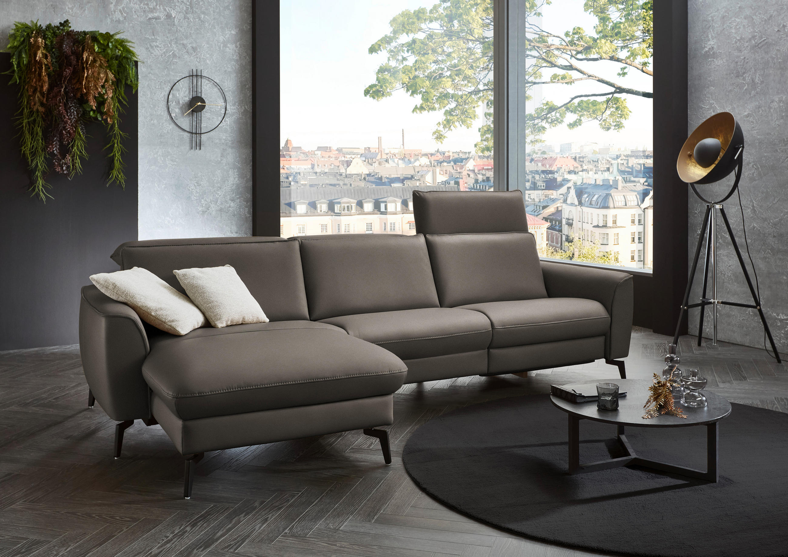 ECKSOFA in Echtleder Grau  168/281 cm  - Schwarz/Grau, Natur, Leder/Metall (168/281cm) - Valdera