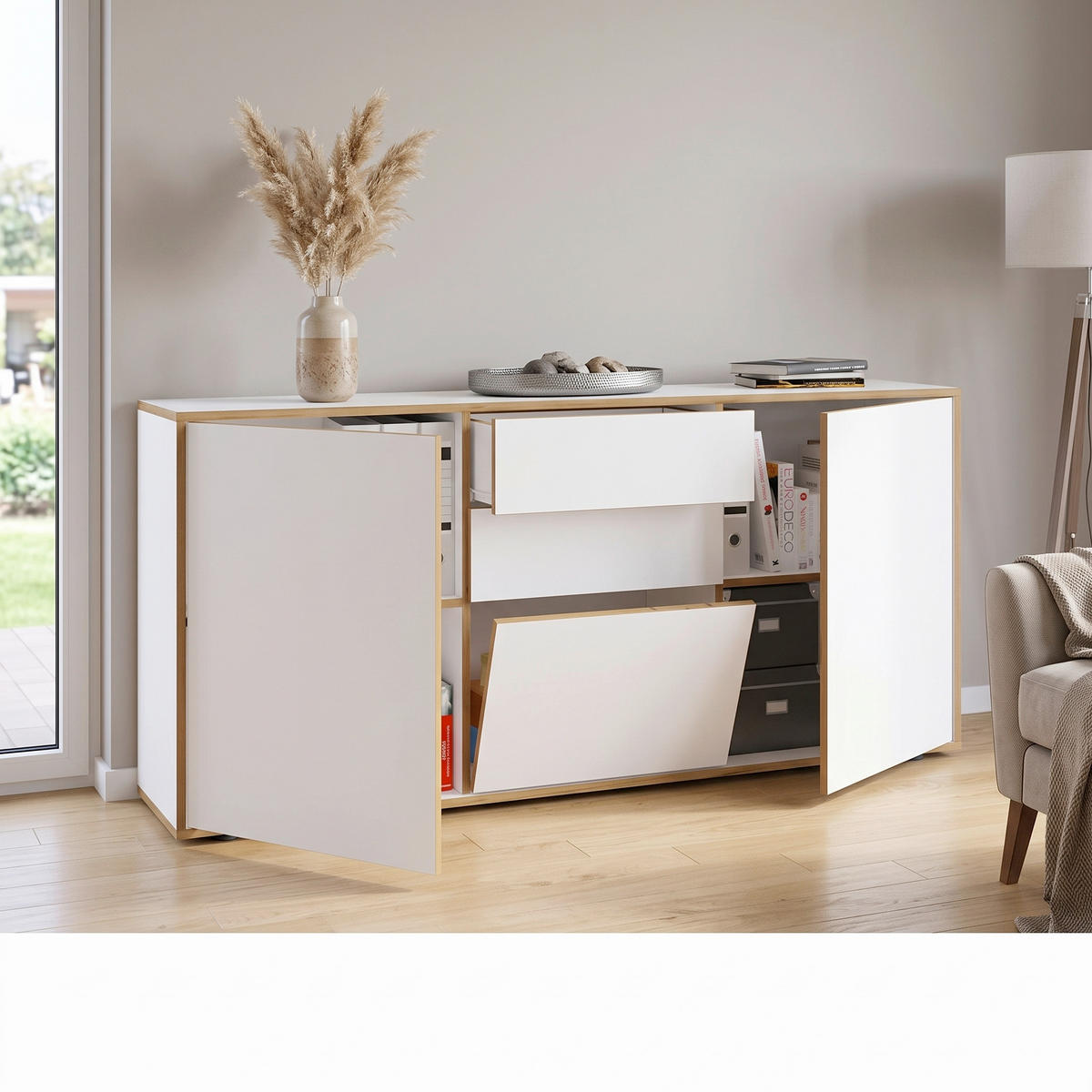 KOMODA   160/74/33 cm   bijela, hrast medunac  - bijela/hrast medunac, Design, drvni materijal/plastika (160/74/33cm) - MID.YOU
