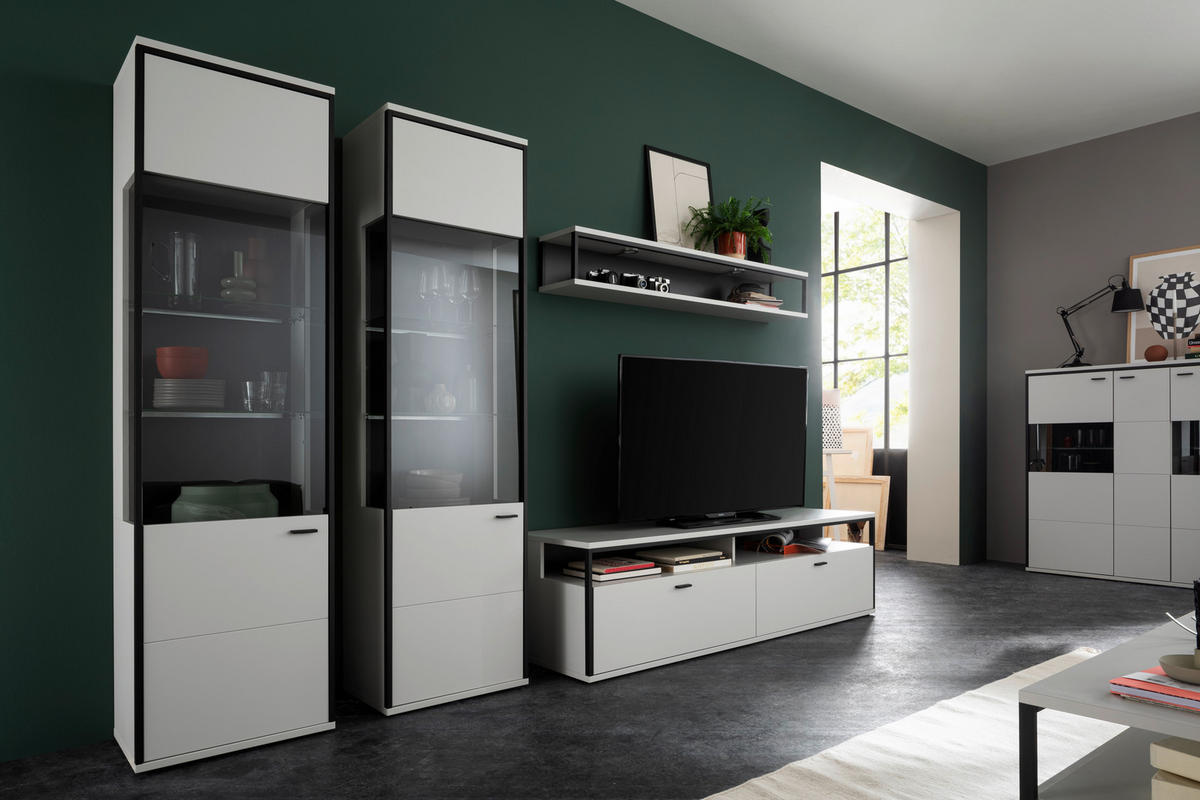 WOHNWAND  in Schwarz, Weiß  312/199/51 cm  - Schwarz/Weiß, Design, Glas/Holzwerkstoff (312/199/51cm) - Stylife