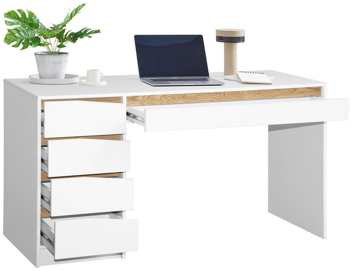PISALNA MIZA leseni material bela, barve hrasta  - barve hrasta/bela, Moderno, leseni material (140/60/76cm) - Venda