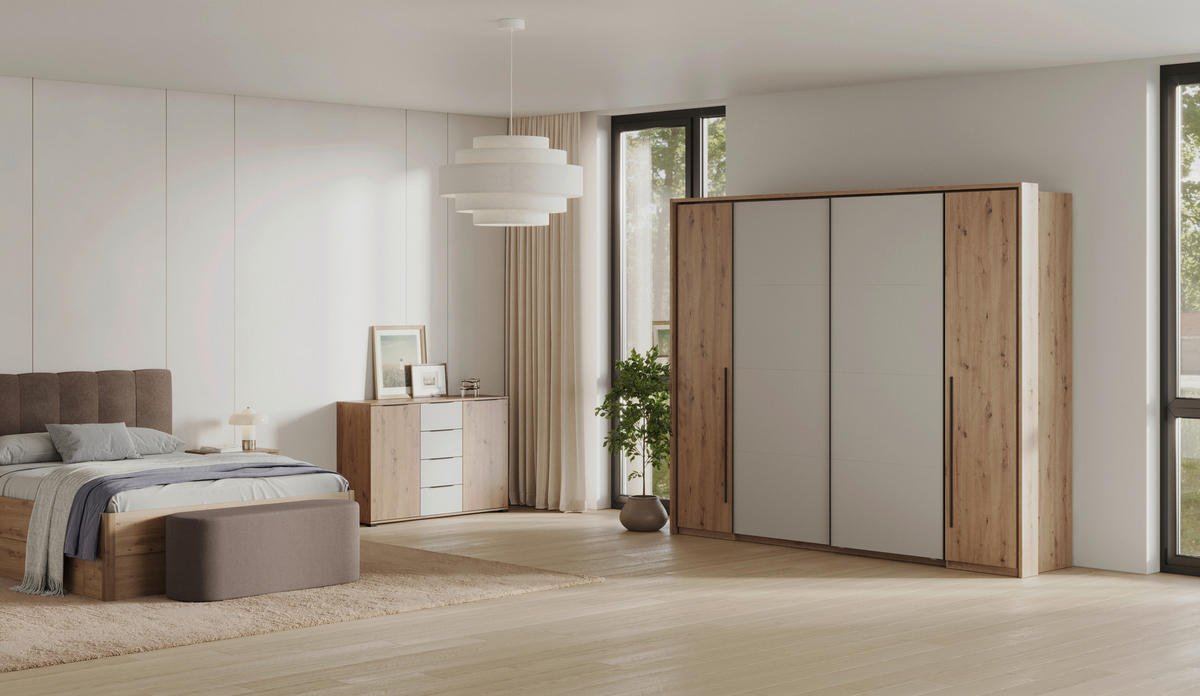 DREHTÜRENSCHRANK 4-türig Kaschmir, Eiche Artisan  - Kaschmir/Schwarz, KONVENTIONELL, Holzwerkstoff/Metall (315/225/61cm) - Boxxx