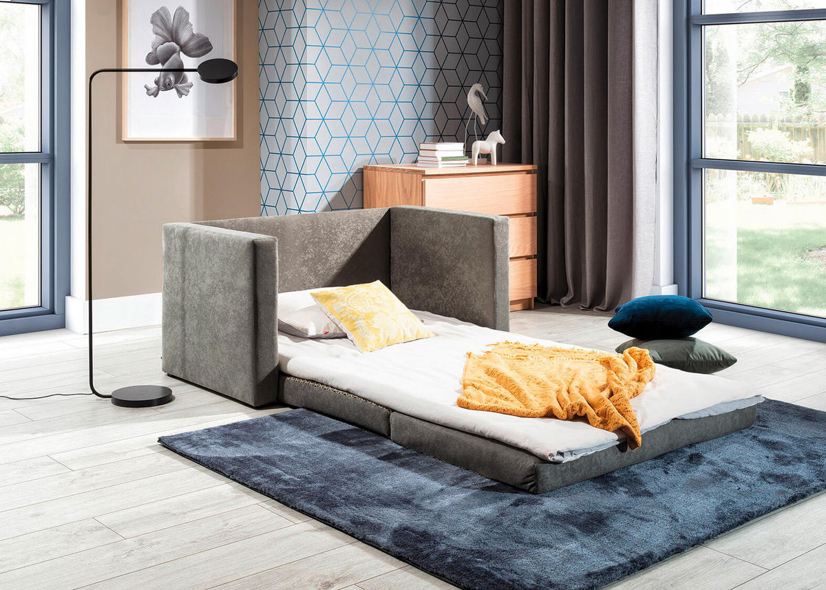 SCHLAFSOFA in Mikrovelours Blaugrau  - Blaugrau/Schwarz, Design, Kunststoff/Textil (132/62/70cm) - MID.YOU