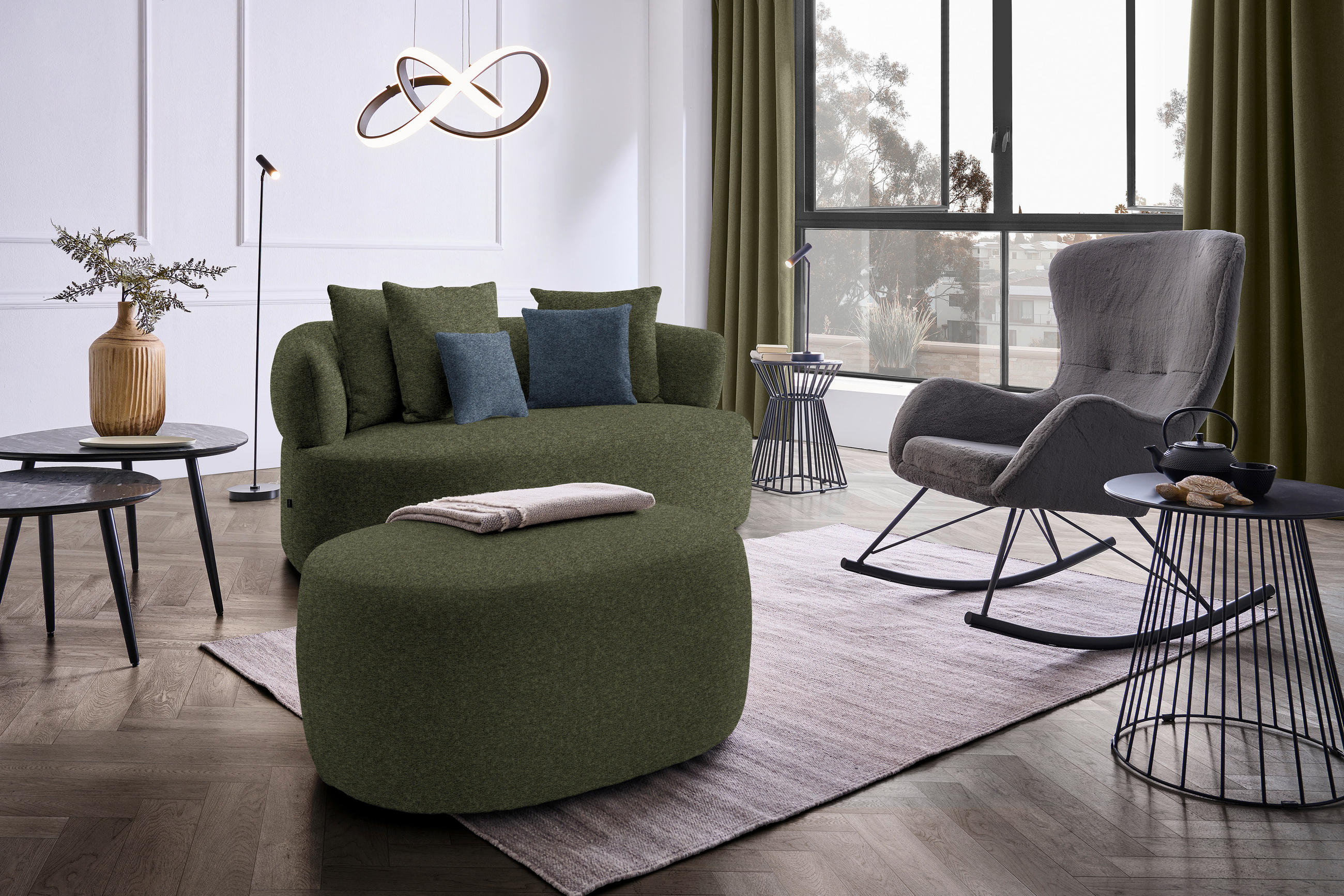 2-SITZER-SOFA in Chenille Grün  - Blau/Schwarz, MODERN, Kunststoff/Textil (177/86/105cm) - Hom`in