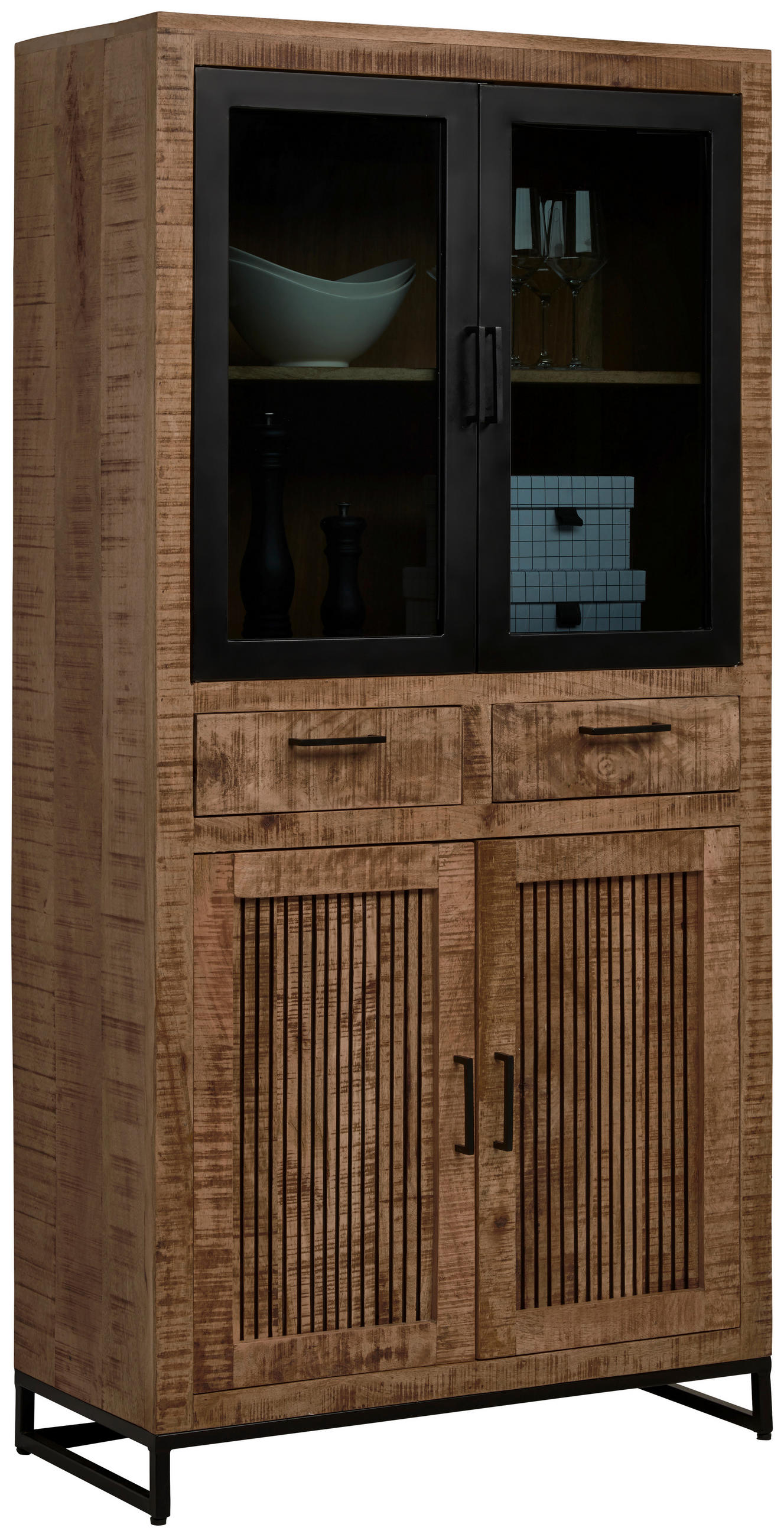 VITRINE  in massiv Mangoholz Naturfarben, Hellbraun - Hellbraun/Schwarz, Design, Glas/Holz (90/180/40cm) - Carryhome