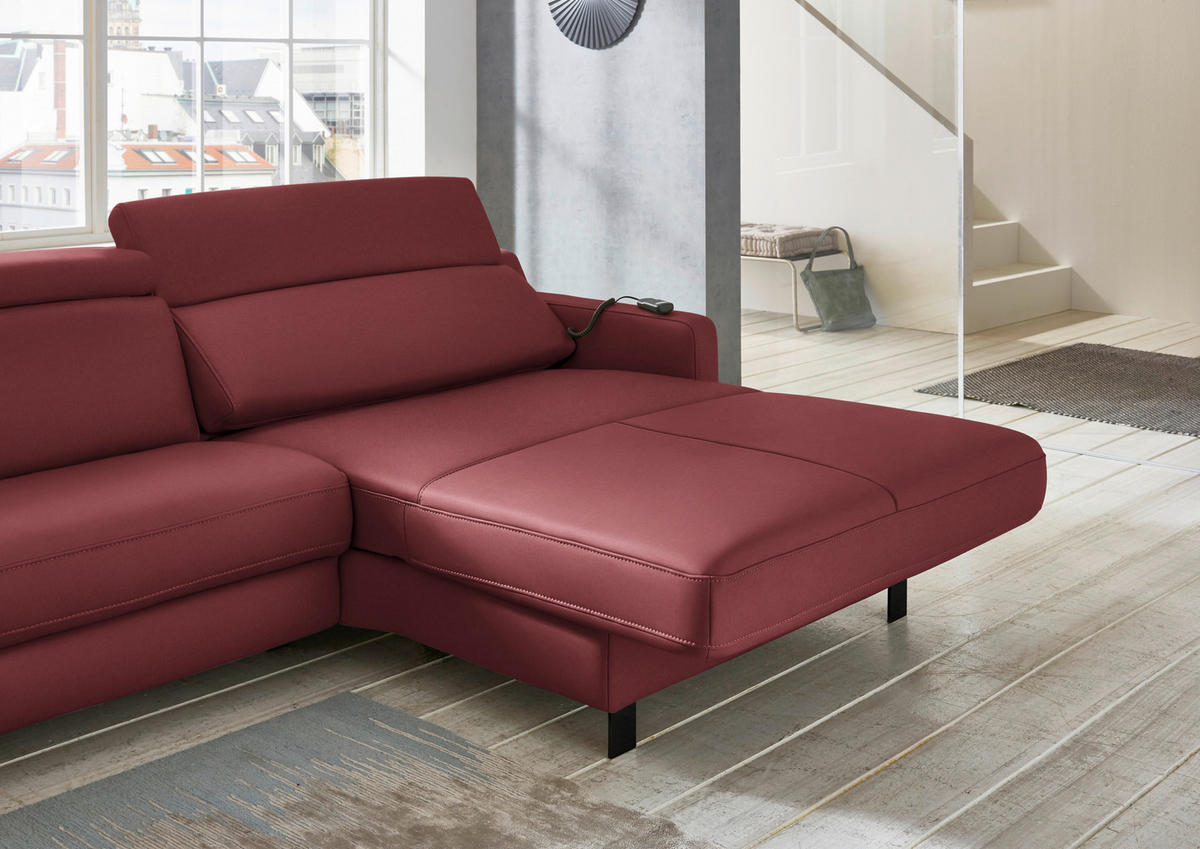 ECKSOFA in Echtleder Dunkelrot  - Schwarz/Dunkelrot, Design, Leder/Metall (291/176cm) - Valdera