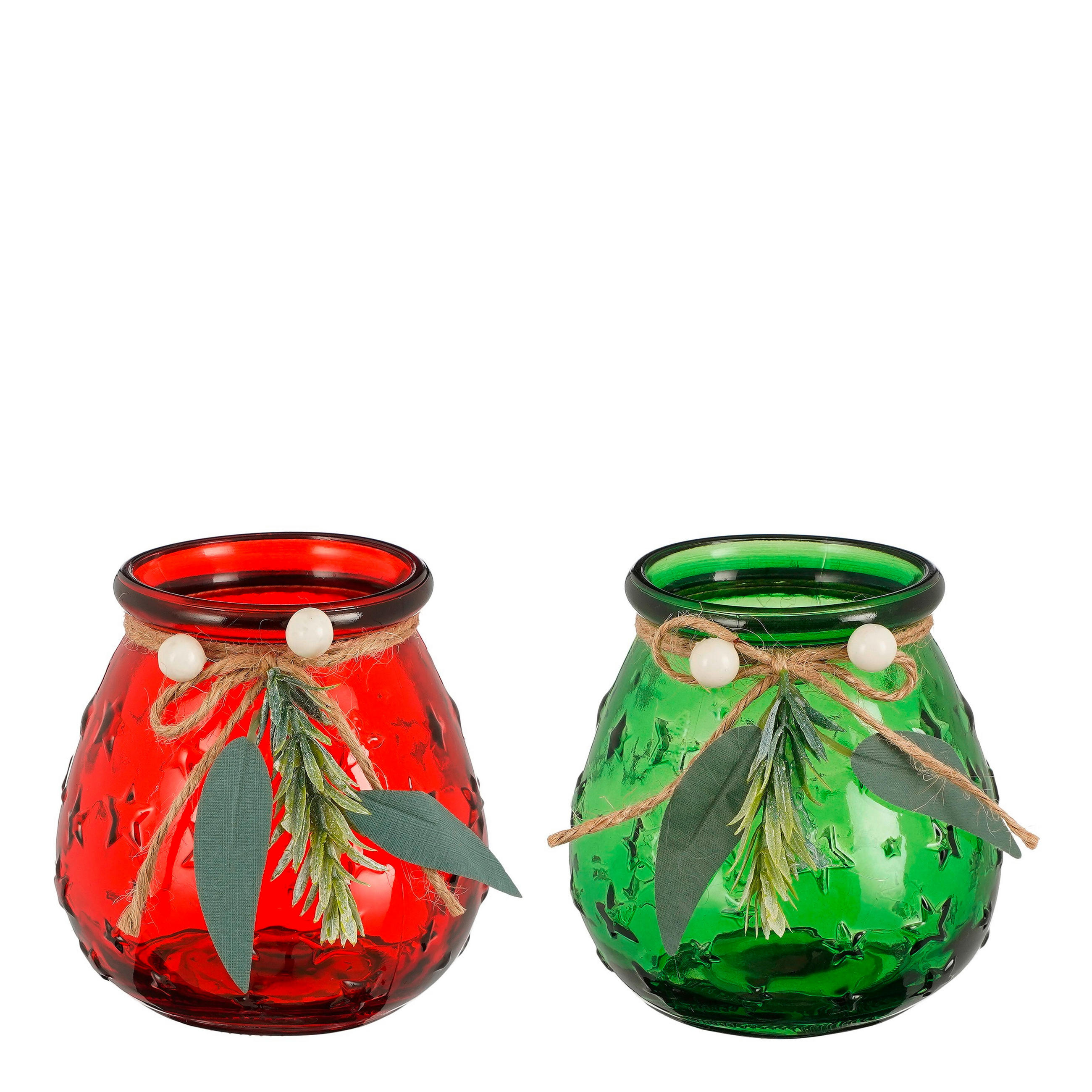 DRŽALO ZA ČAJNO SVEČKO - rdeča/zelena, Basics, steklo (10/10/10.5cm) - X-Mas