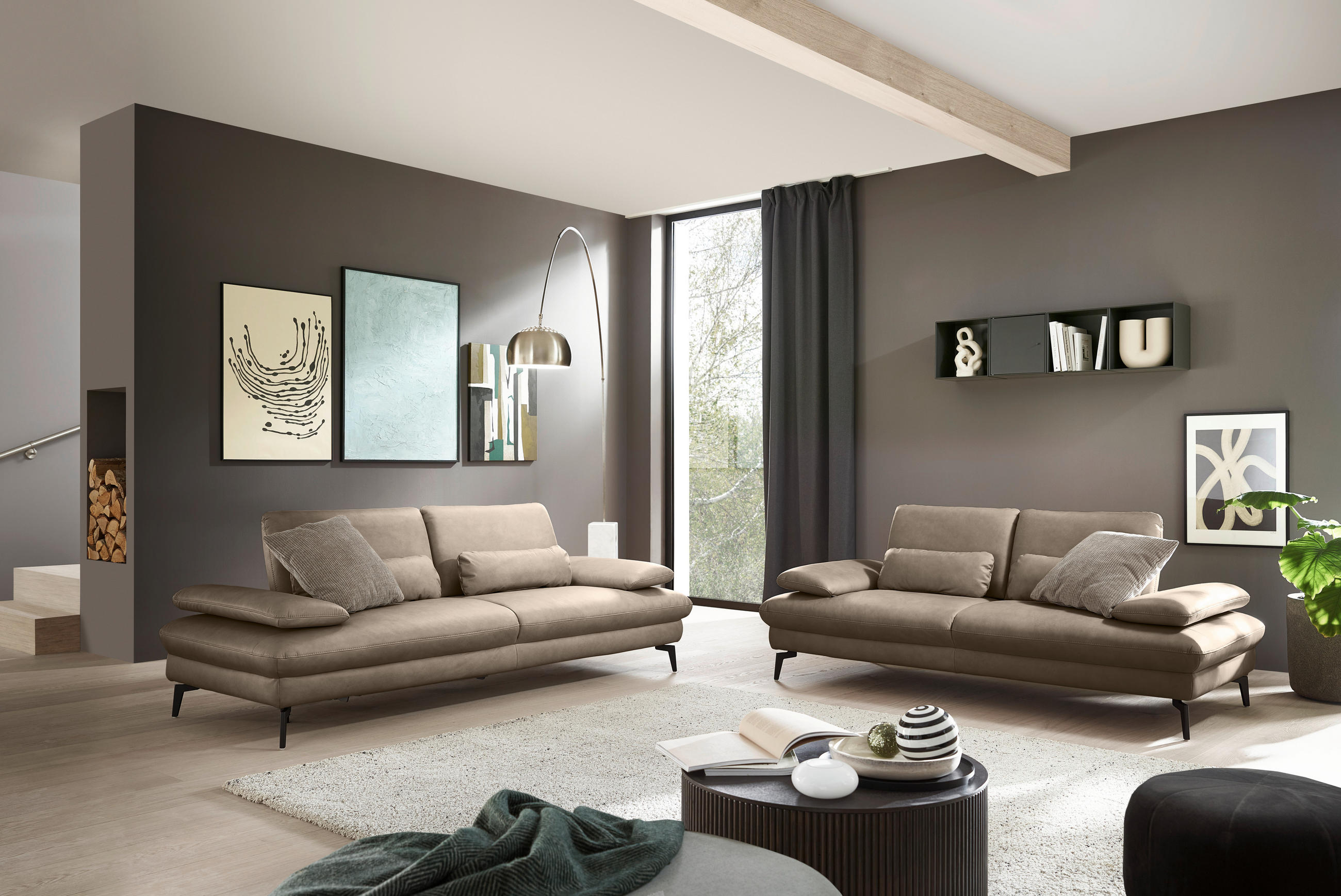 3-SITZER-SOFA Echtleder Graubraun  - Graubraun/Schwarz, Design, Leder/Metall (238/86/94cm) - Dieter Knoll