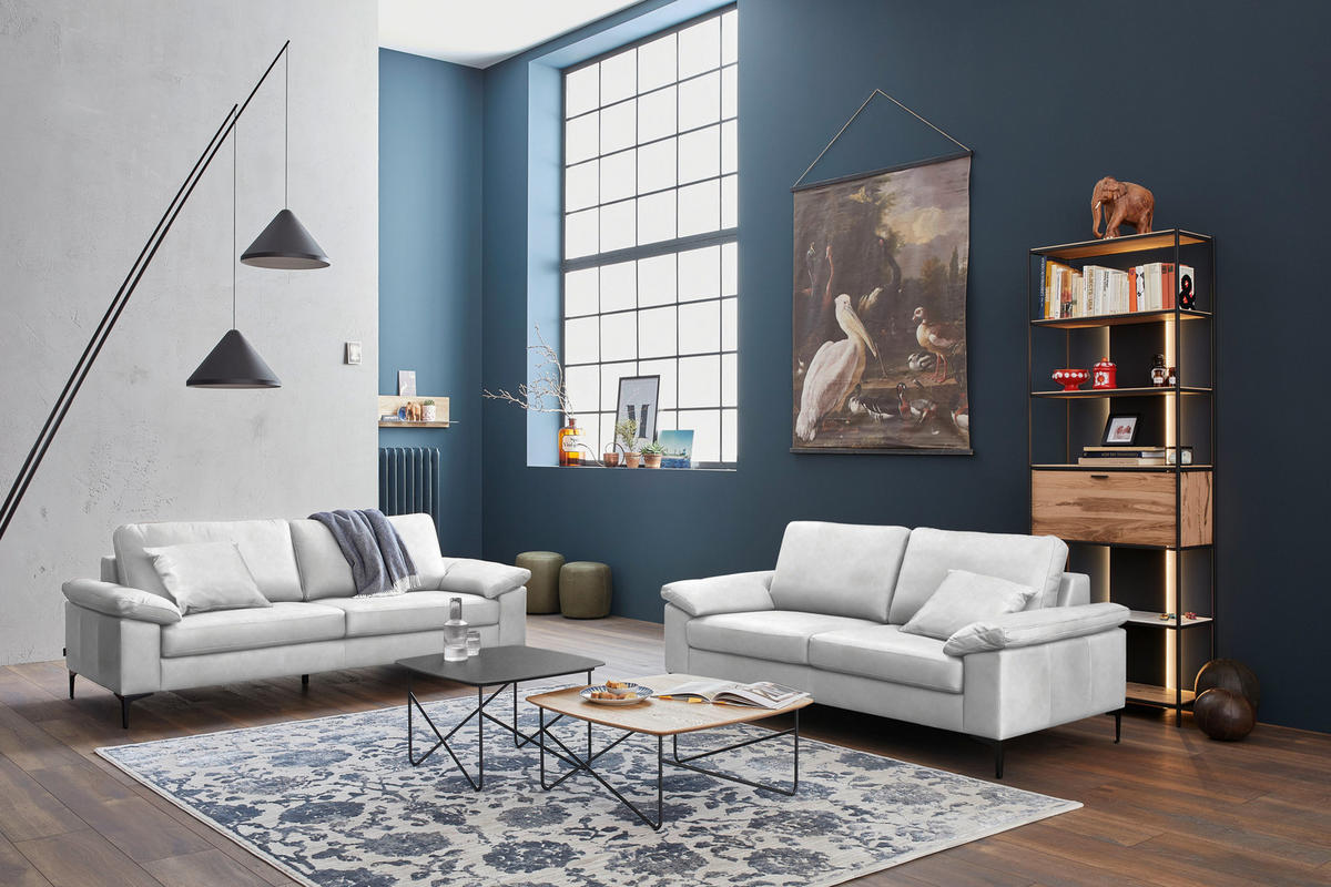 3-SITZER-SOFA  in Echtleder Weiß   - Schwarz/Weiß, Design, Leder/Metall (224/86/97cm) - Schöner Wohnen