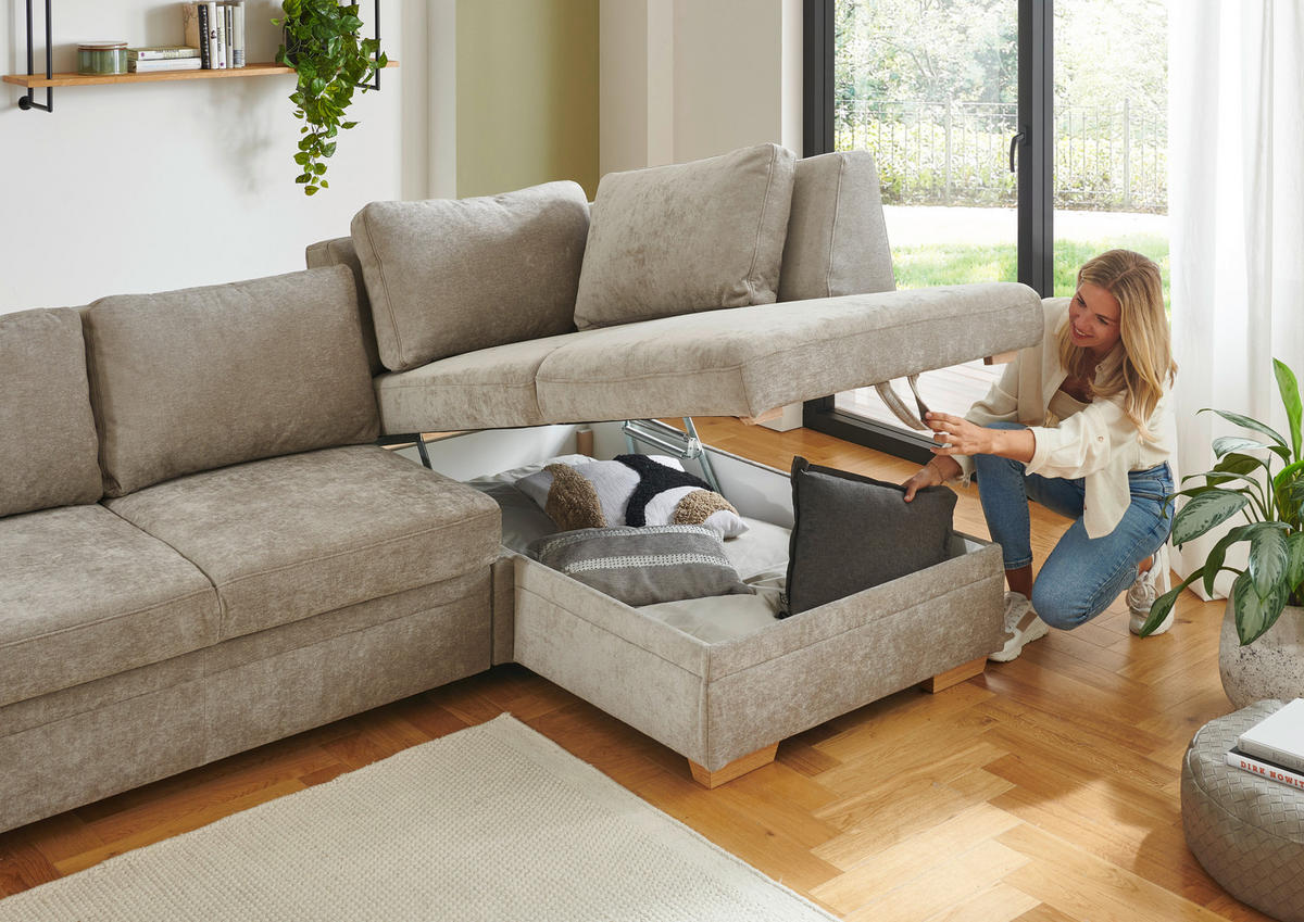 ECKSCHLAFSOFA  in Chenille Hellbraun  - Hellbraun/Eiche Bianco, KONVENTIONELL, Holz/Textil (253/170cm) - Beldomo Style