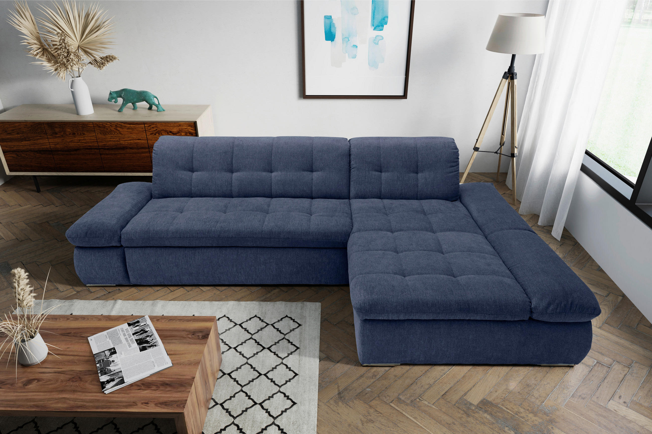 ECKSOFA Dunkelblau Mikrofaser - Chromfarben/Dunkelblau, KONVENTIONELL, Textil/Metall (300/172cm) - MID.YOU