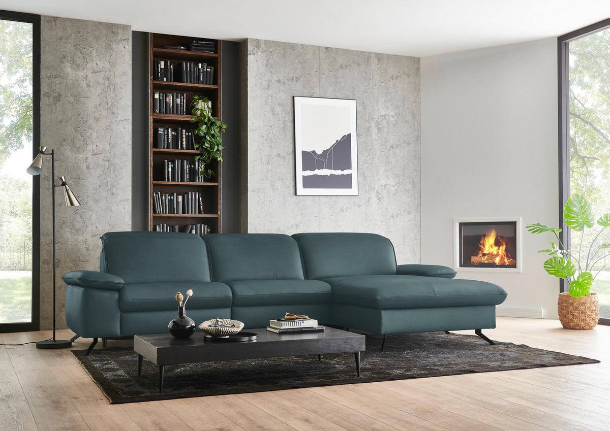 ECKSOFA  Echtleder Graublau  - Graublau/Schwarz, Design, Leder/Metall (307/169cm) - Beldomo Premium