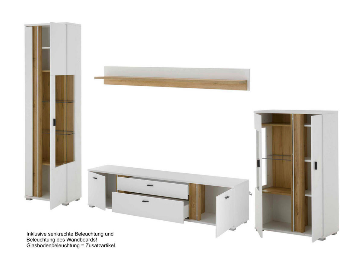 WOHNWAND 4-teilig  in Weiß, Eiche Wotan  355/200/42 cm  - Silberfarben/Eiche Wotan, Design, Glas/Holzwerkstoff (355/200/42cm) - MID.YOU