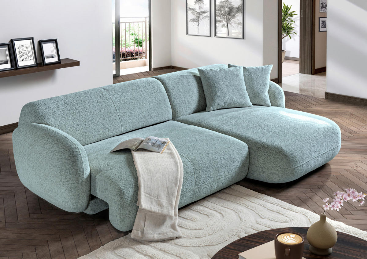 ECKSOFA  in Flachgewebe Mintgrün Zierkissen, Rücken echt, Sitztiefenverstellung  275/162 cm  - Schwarz/Mintgrün, MODERN, Kunststoff/Textil (275/162cm) - Carryhome