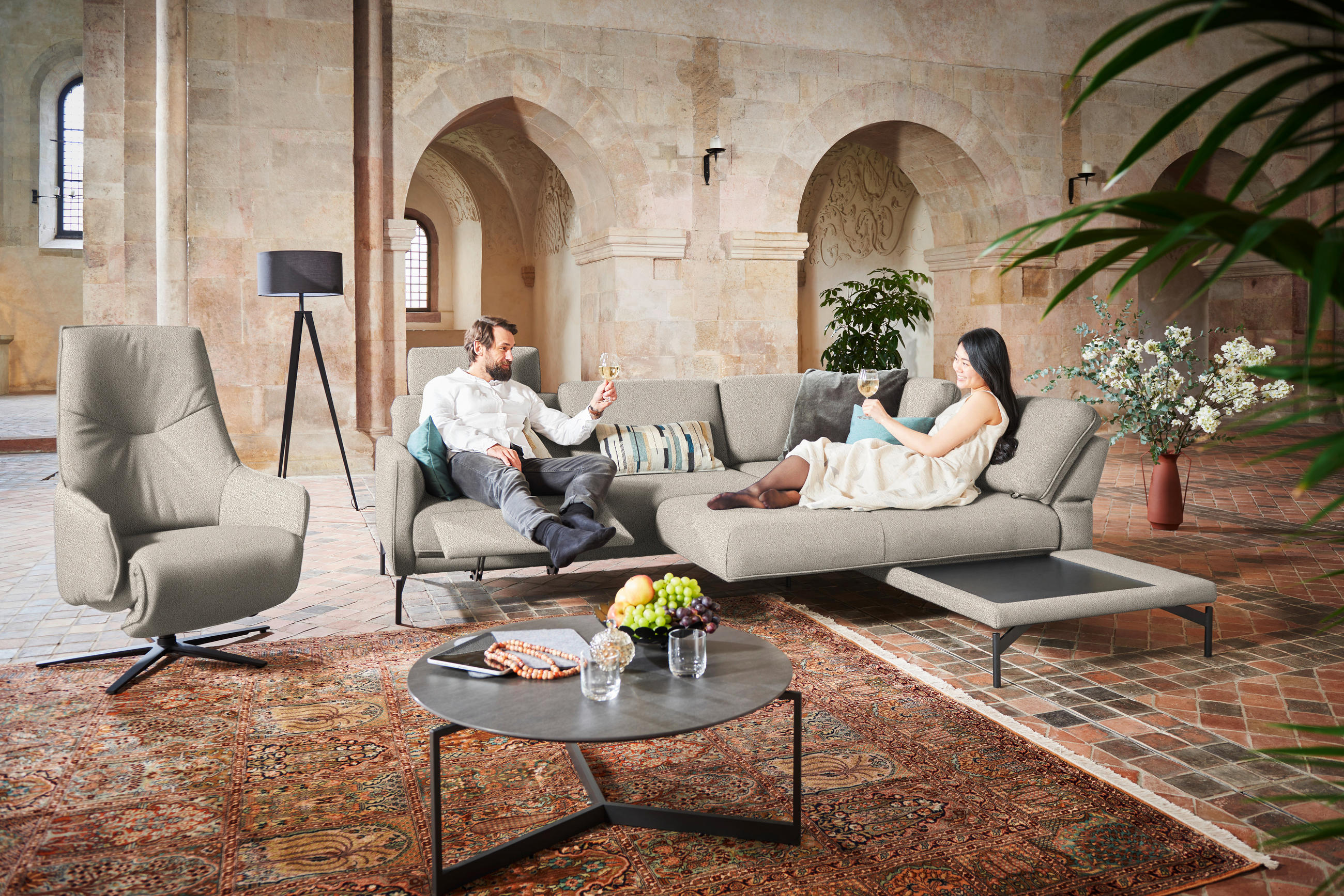 ECKSOFA in Flachgewebe, Struktur Beige  254/230 cm  - Anthrazit/Beige, Design, Textil/Metall (254/230cm) - Johann Jakob
